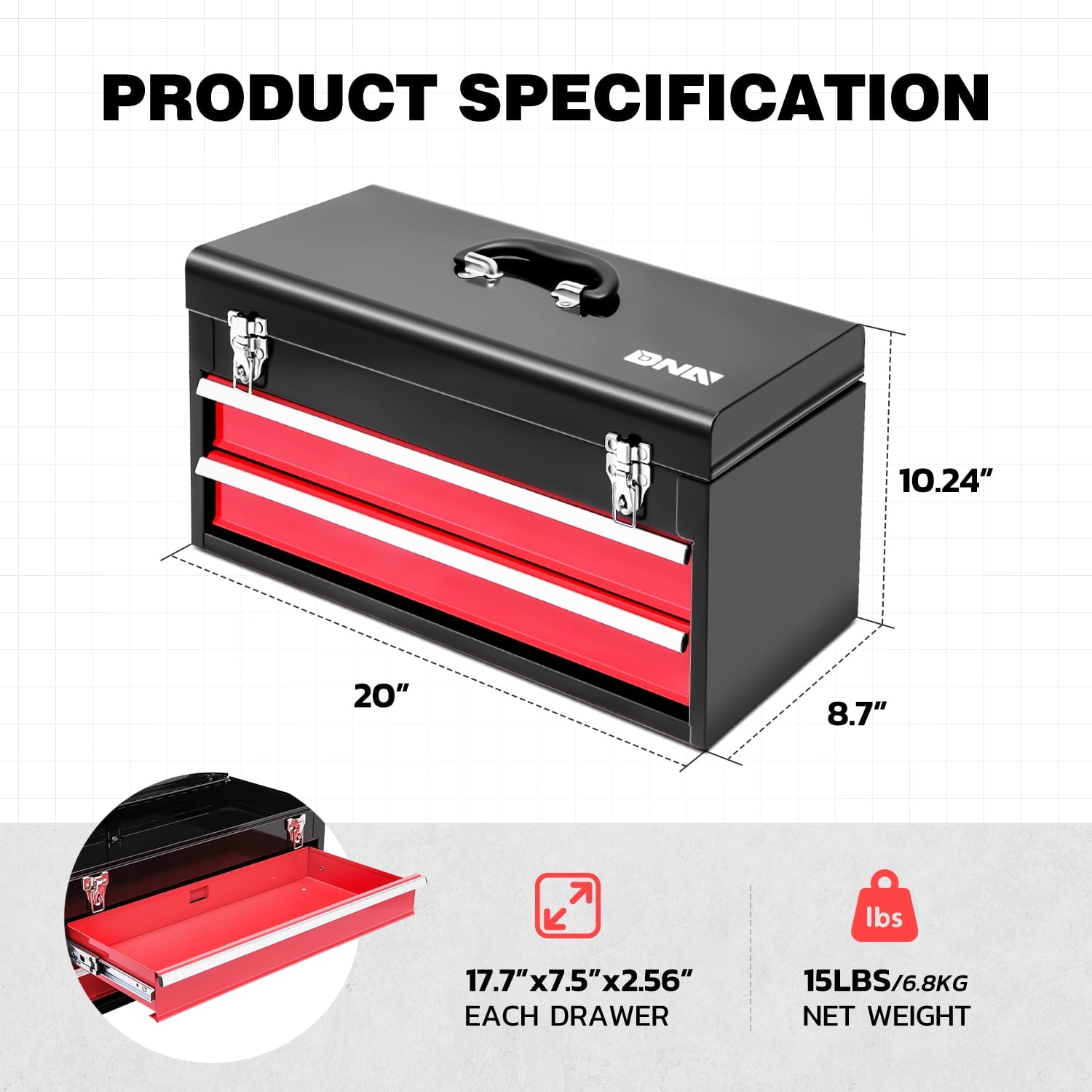 TOOLS-00408 20" 2 Drawers Sturdy Durable Flat Top Steel Portable Hand Carry Multiple Storage Tool Storage Box Red - Image 2