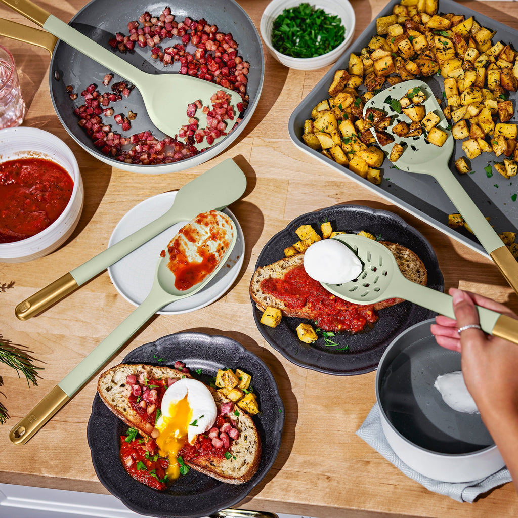 6-Piece Silicone Kitchen Utensil Tool Set with Rotating Rack by Drew Barrymore, Porcini Taupe