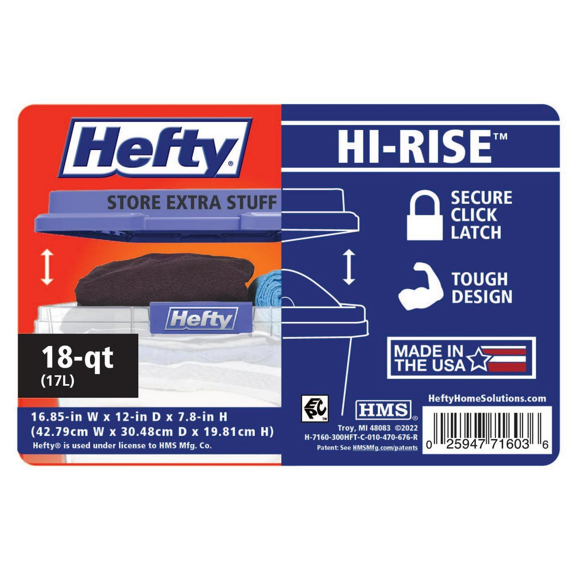 (2 pack) Hefty 18 Quart Clear Plastic Latched Storage Bin with Blue HI-RISE Lid, Adult