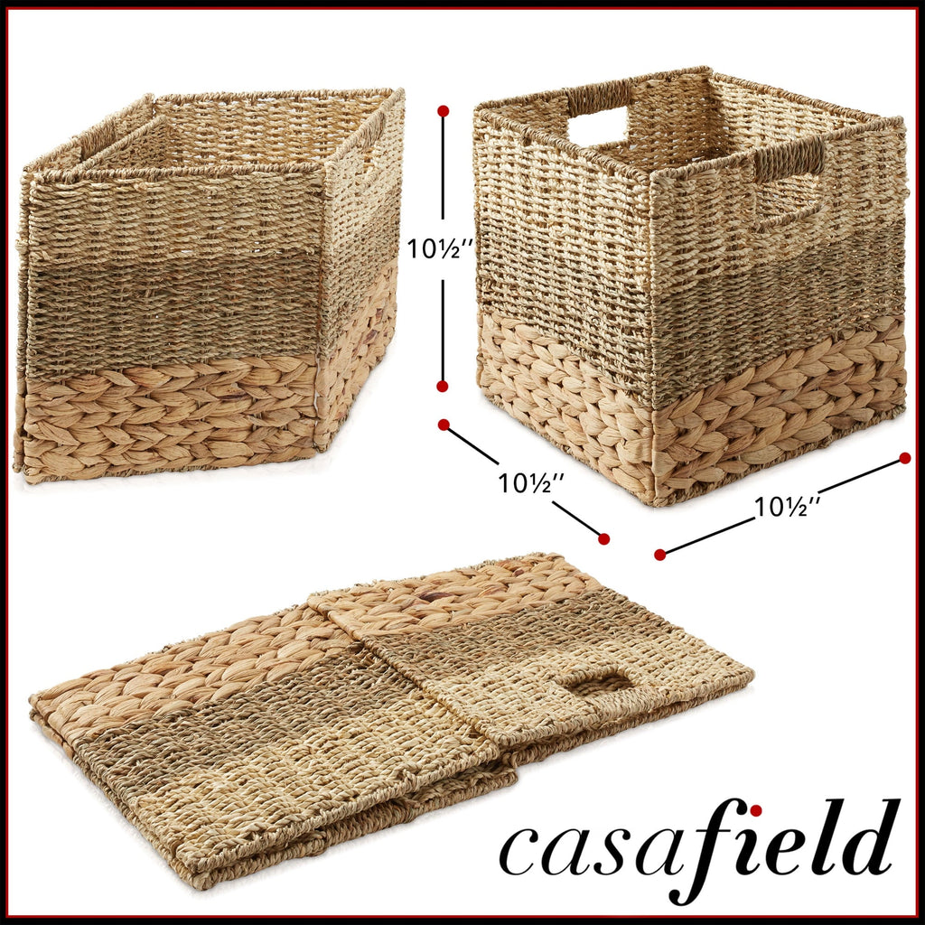 10.5" x 10.5" Water Hyacinth Storage Baskets, Natural - Set of 2 Collapsible Cube Organizers, Woven Bins for Bathroom, Bedroom, Laundry, Pantry, Shelves