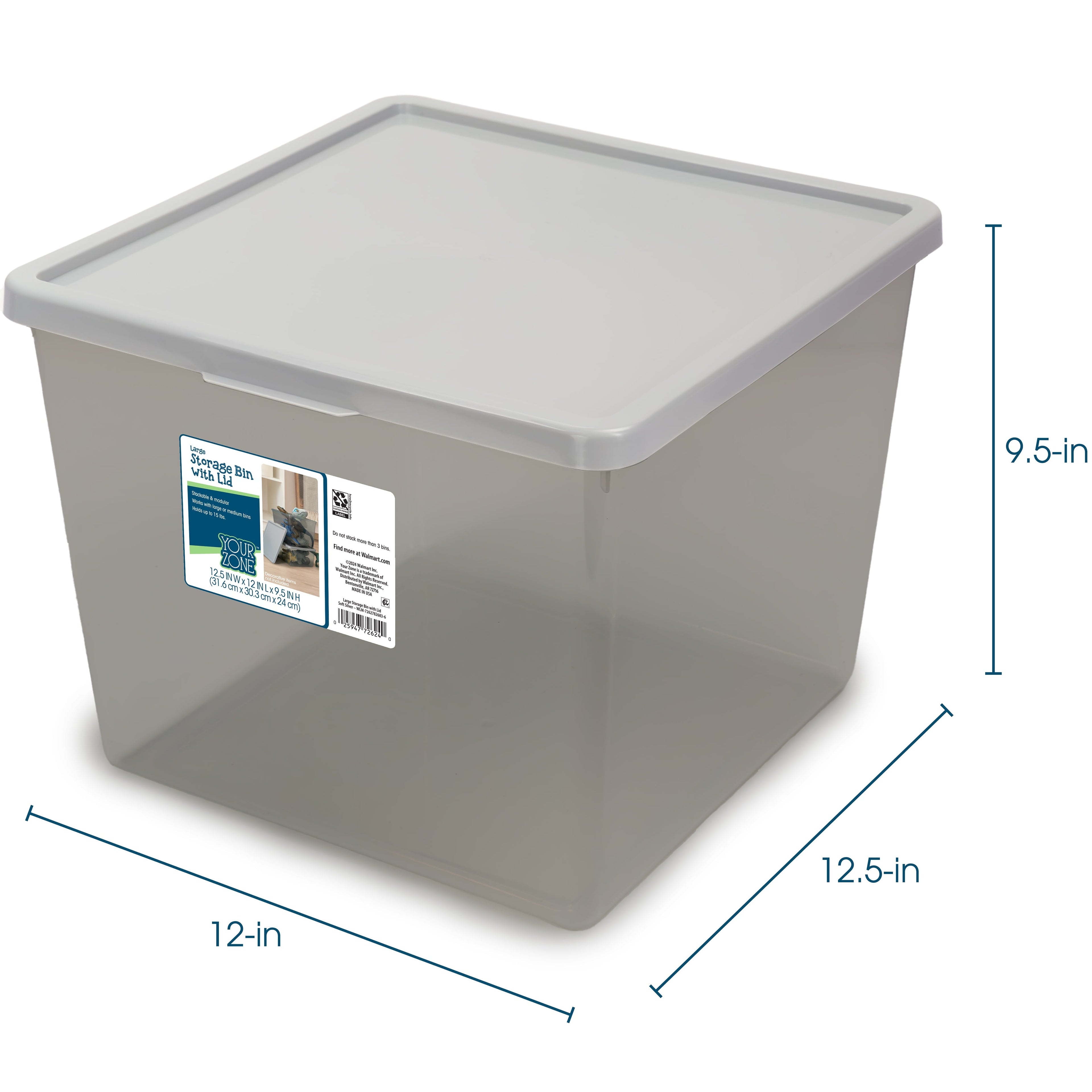 Kids Large Tinted Clear Plastic Stacking Storage Bin with Lid, Grey, 12 in x 12.4 in x 9.4 in