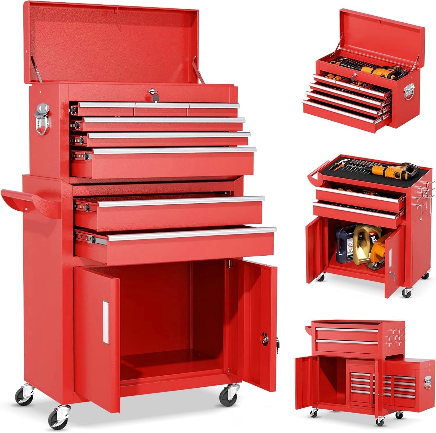 & Cabinet, Large Capacity 8-Drawer Rolling Box Organizer with Wheels Lockable, Red