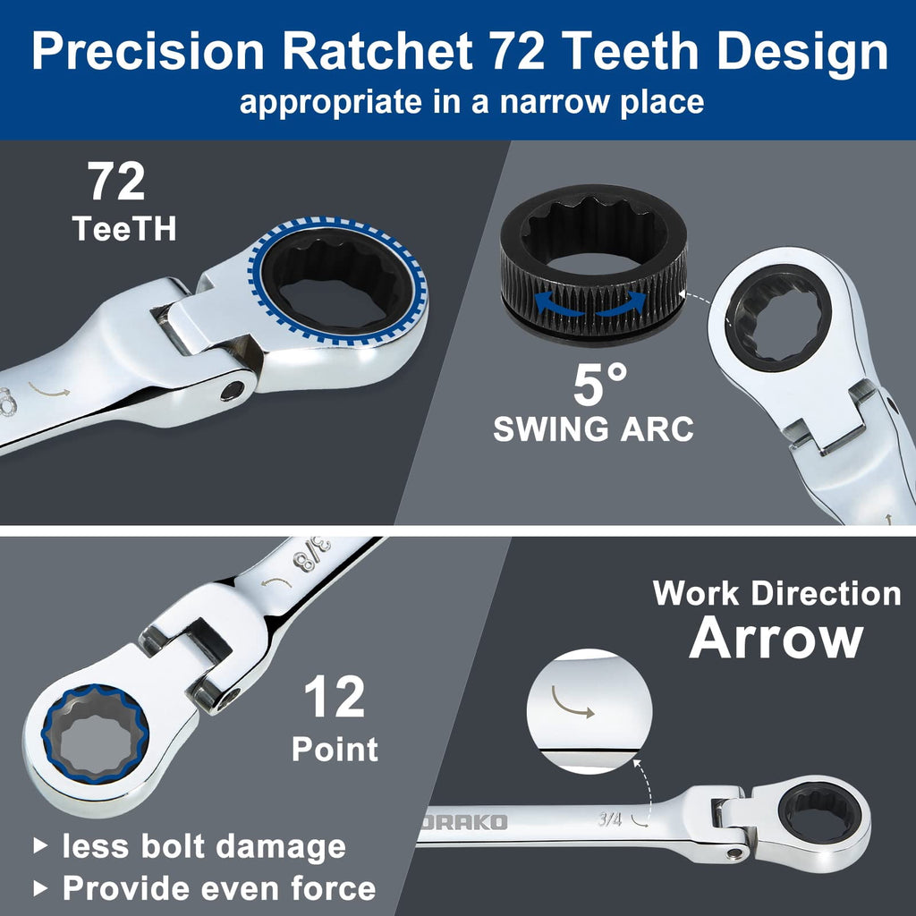 Ratcheting Wrench Set Flex Head, 12 Piece SAE Combination Ratchet Wrench kit, 1/4 - 13/16 Chrome Vanadium Steel Wrenches - Image 4