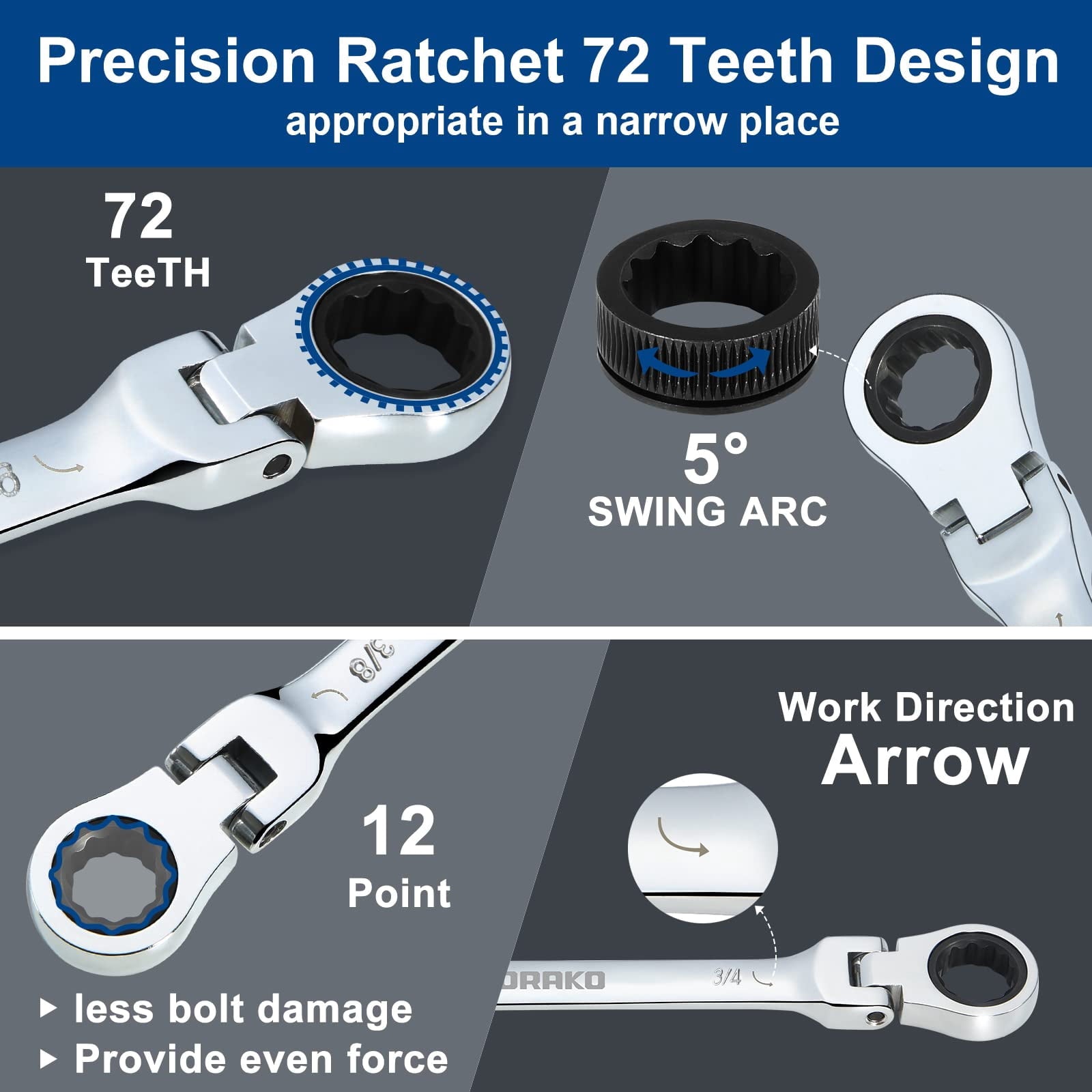 Ratcheting Wrench Set Flex Head, 12 Piece SAE Combination Ratchet Wrench kit, 1/4 - 13/16 Chrome Vanadium Steel Wrenches - Image 4