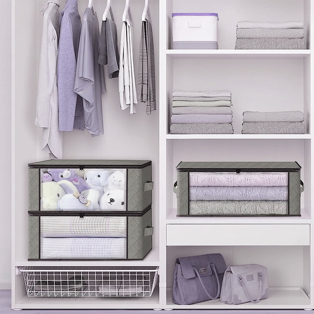 Storage Box, 6 Pack Clothes Organizer with Clear Windows, Sturdy Handles Storage Bag 19.7 x 13.78 x 7.87 inches, Gray