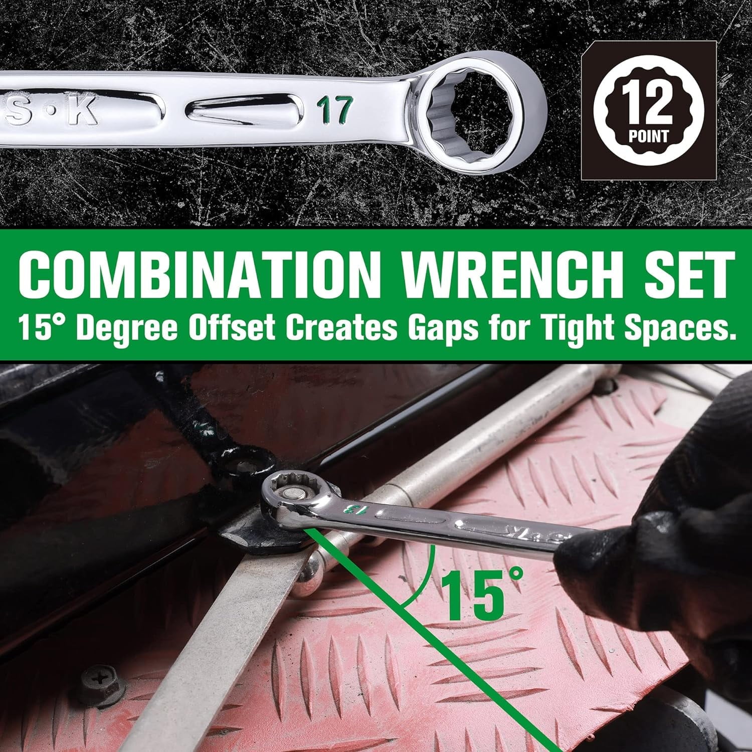 Combination Wrench Set, Metric 8 to 19mm, 12-Piece, SuperKrome Finish, Preminum CR-V Construction, with Rolling Pouch - Image 3