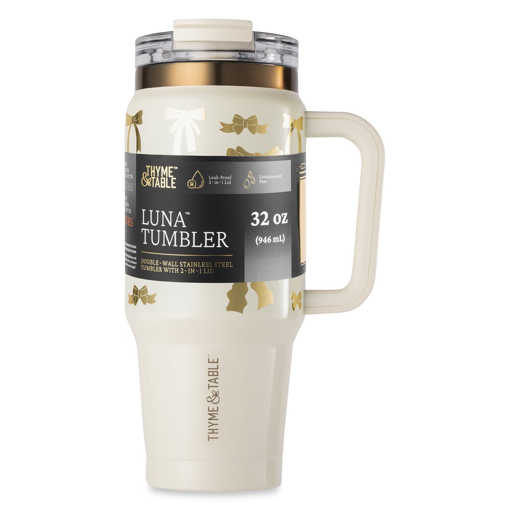 Thyme &amp; Table 32 fl oz Stainless Steel Luna Tumbler with Handle and Dual Straw Lid, Cream &amp; Black Check