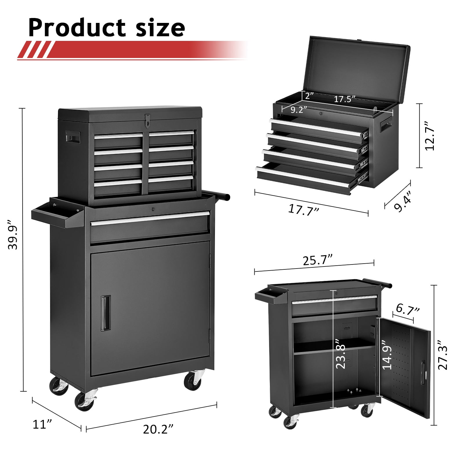NETAJE Metal Tool Chest, 2 in 1 Steel Rolling Tool Box & Cabinet On Wheels for Garage, Detachable Top Tool Box and Lockable Wheels Metal Too - Image 5