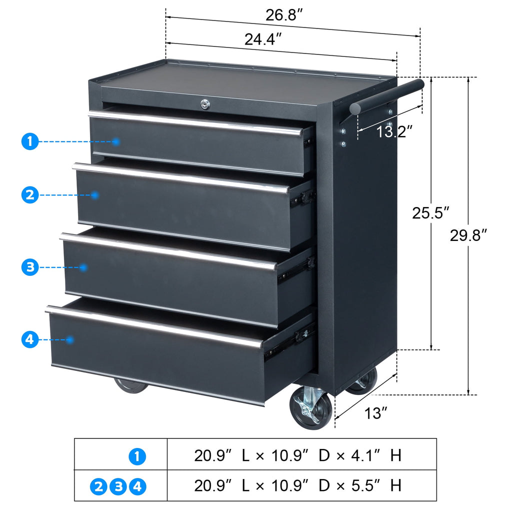 4-Drawer Chest Rolling Cabinet with Wheels for Home Improvement, Auto Mechanics - Image 4