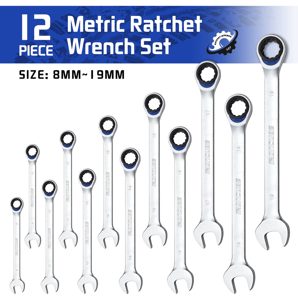 12-Piece Ratcheting Wrench Set, Metric 8-19mm, With Black Oxford Fabric Storage Bag for Motorcycle - Image 2