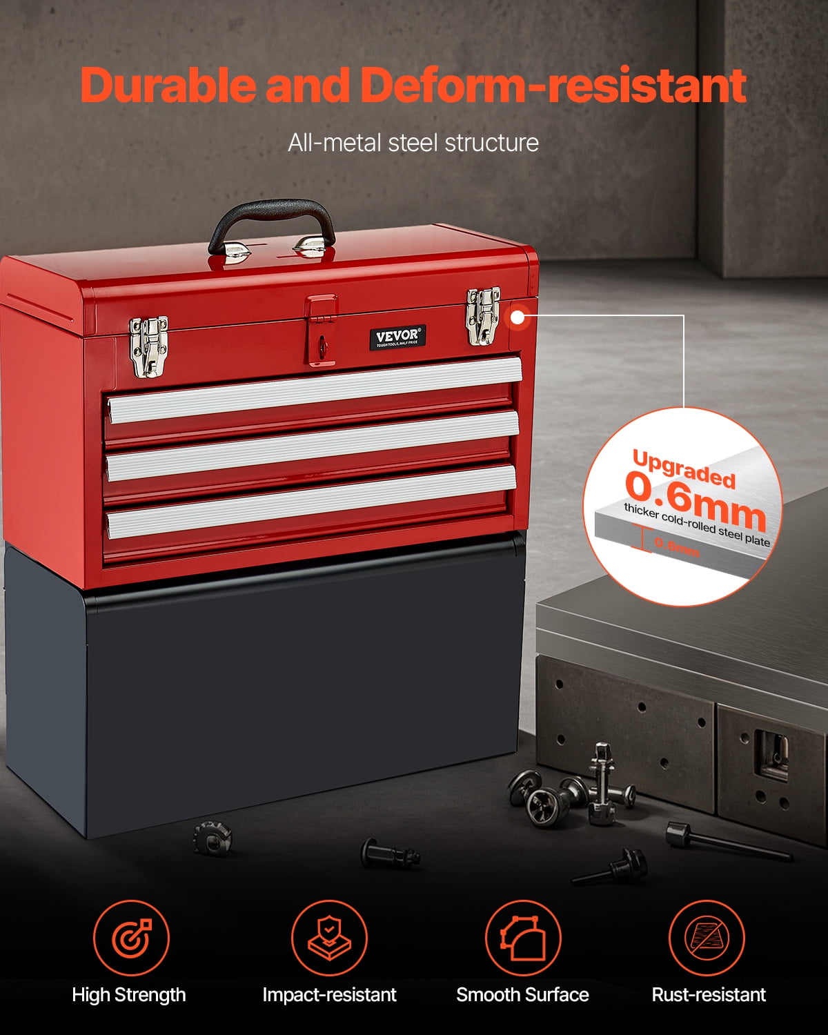 Metal Tool Box, 20.5-inch, Portable Metal Tool Box with 3 Drawers, Small Tool Chest with EVA Liners,Ball Bearing Slid... - Image 6