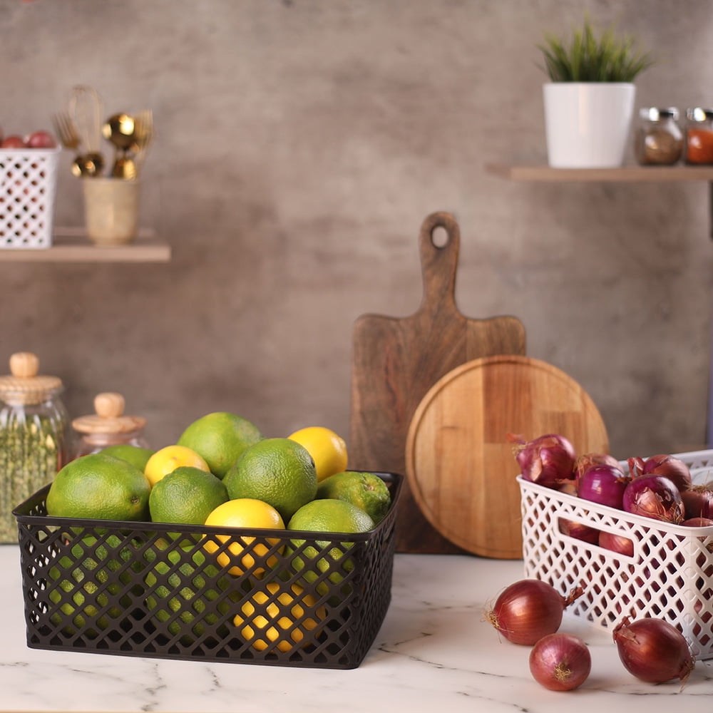 Small White Decorative Plastic Storage Basket, 10 in x 8 in x 4 in