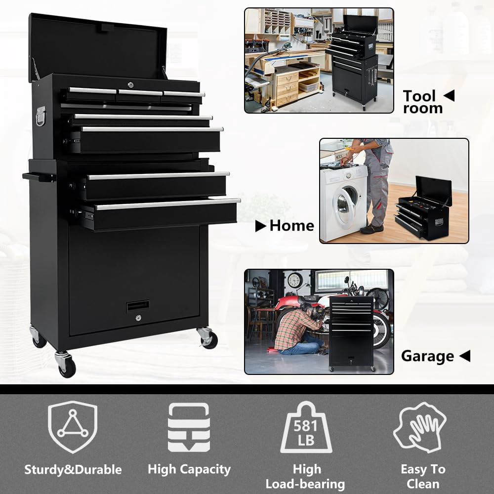 8-Drawer Chest, 2-in-1 Box with Wheels Metal Chest Cabinet for Garage, Workshop, Black - Image 6