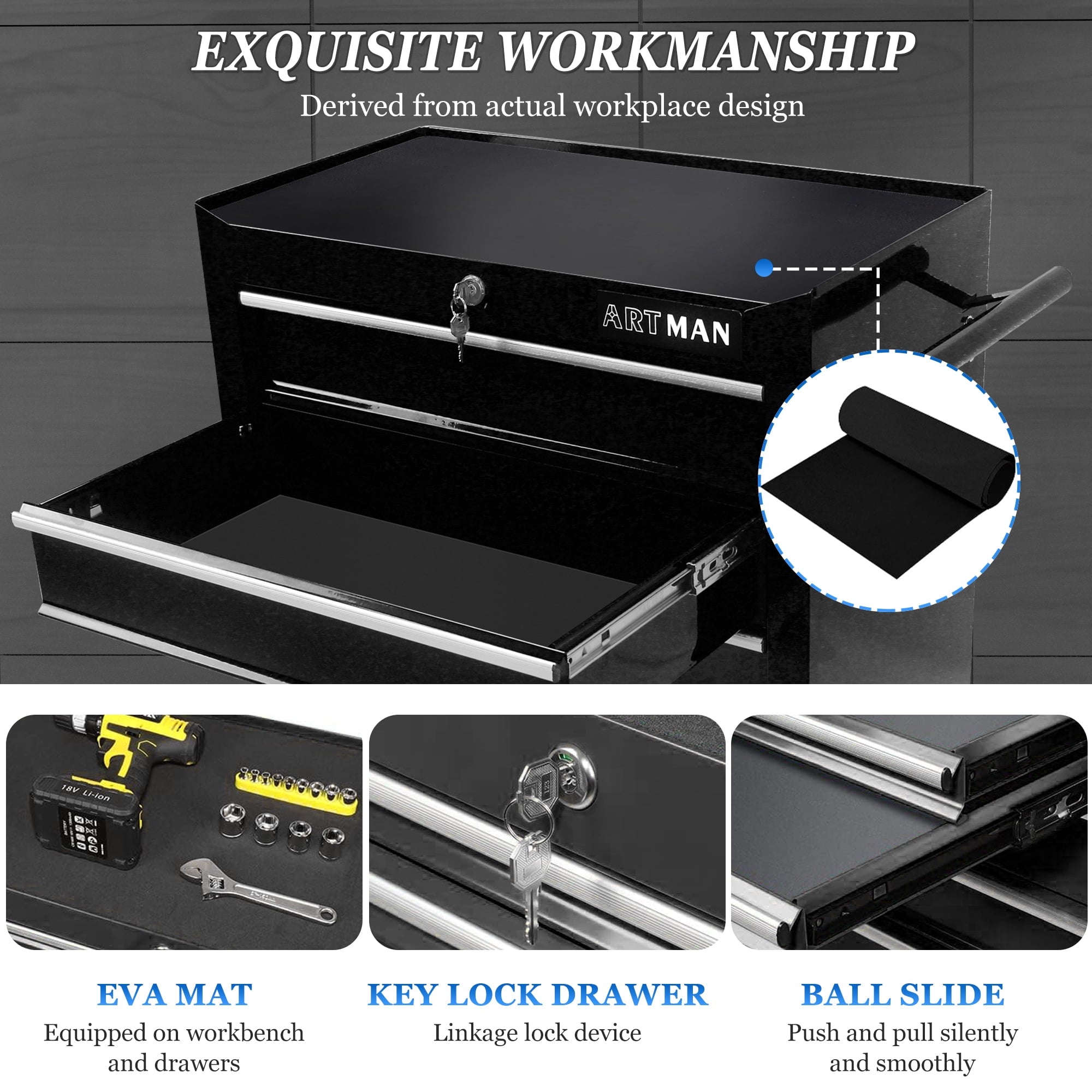 on Wheels, 5-Drawer Rolling Box with Workbench Top, Multifunctional Storage Organizer for Garage, Warehouse, Workshop - Image 2