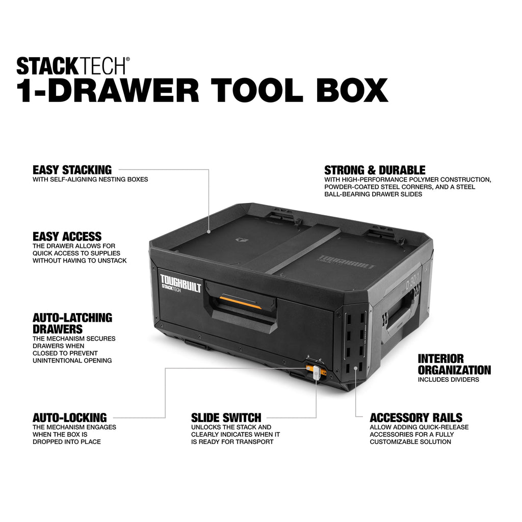 ToughBuilt StackTech 1 Drawer Toolbox, Heavy-Duty Stackable Tools Storage, 50 lb Capacity - Image 2