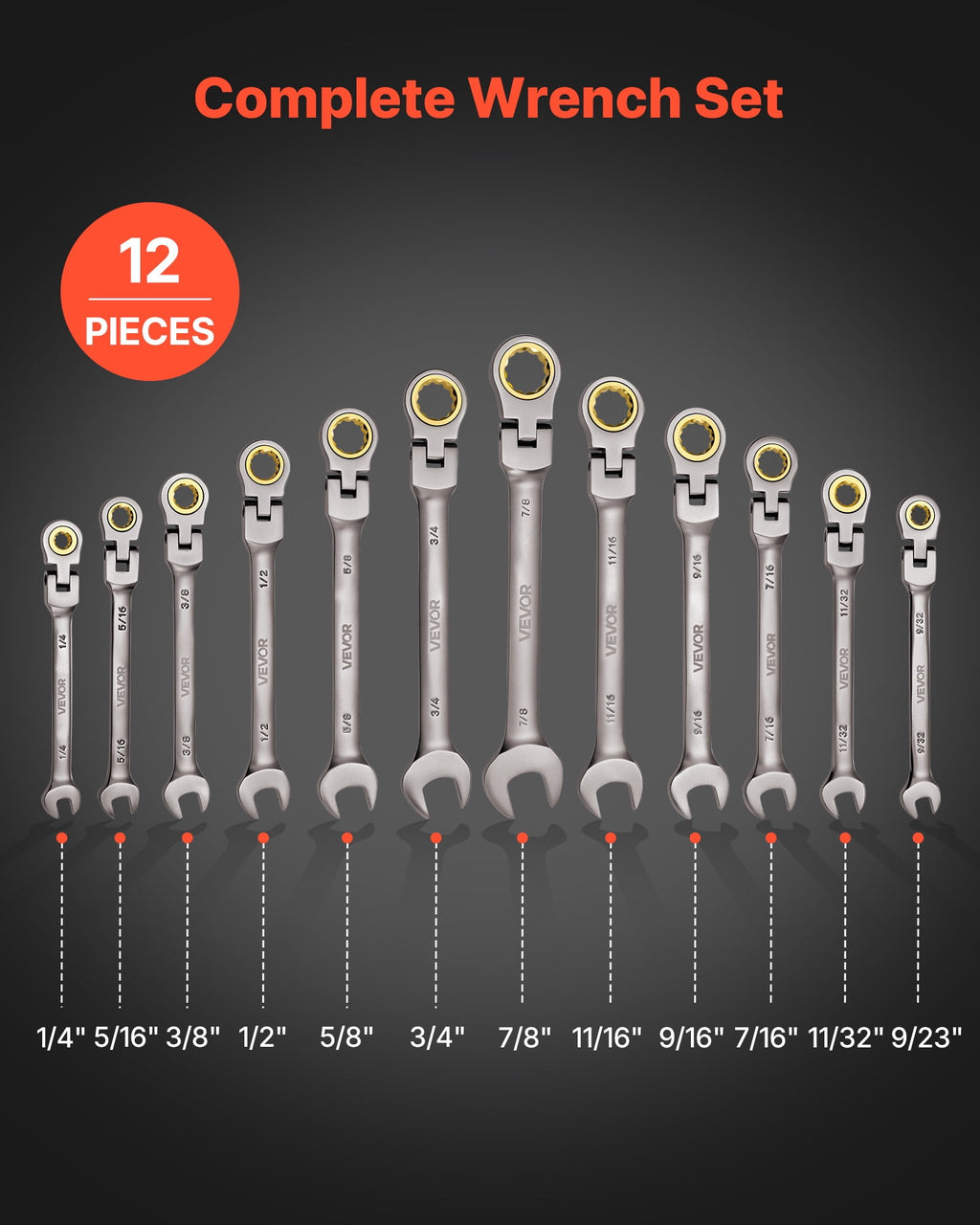Flex-Head Ratcheting Wrench Set, 12-Piece SAE Sizes, 72 Teeth, Cr-V Steel Ratchet Flexible Combination Wrench Set wit... - Image 2