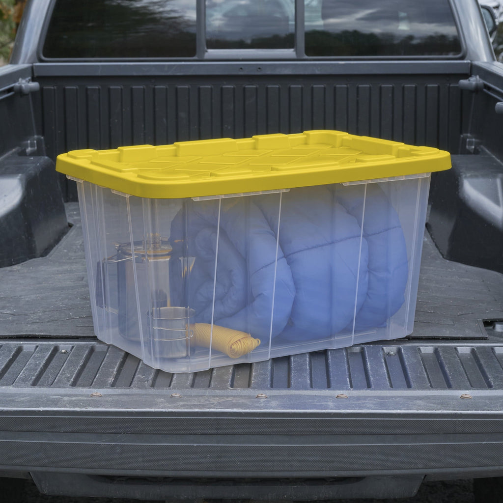 Large Storage Bin, 27 Gallon Plastic Storage Tote with Snap-On Lid, Black and Yellow, 6 Pack
