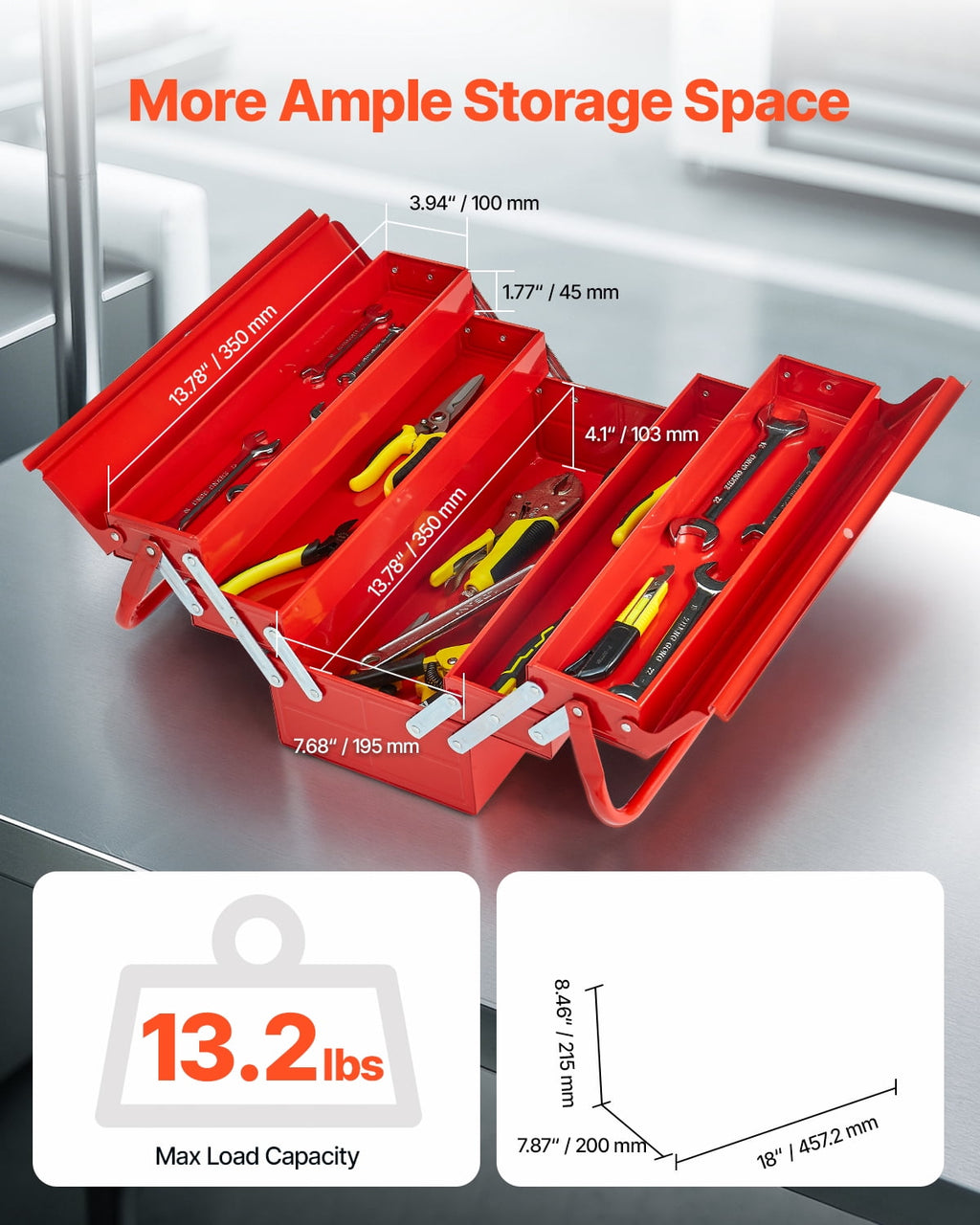Metal Tool Box, 18-inch, 3-Tier 5-Tray Portable Folding Tool Chest Organizer with Handle & Lock Hole, Powder Coated S... - Image 2