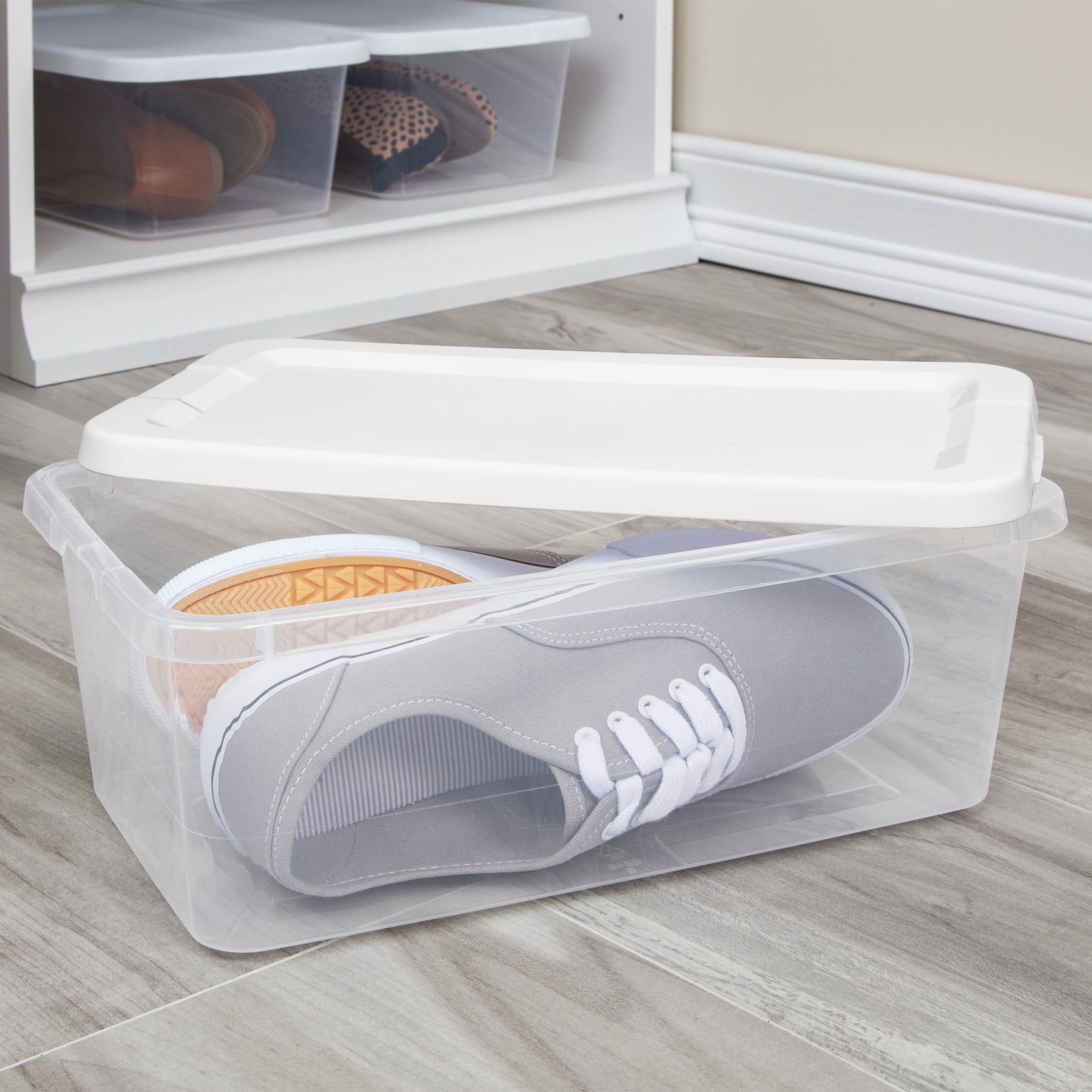 Set of (10) 6 Quart Small Storage Bins, Clear Plastic Storage Containers with Snap-on Lids, White