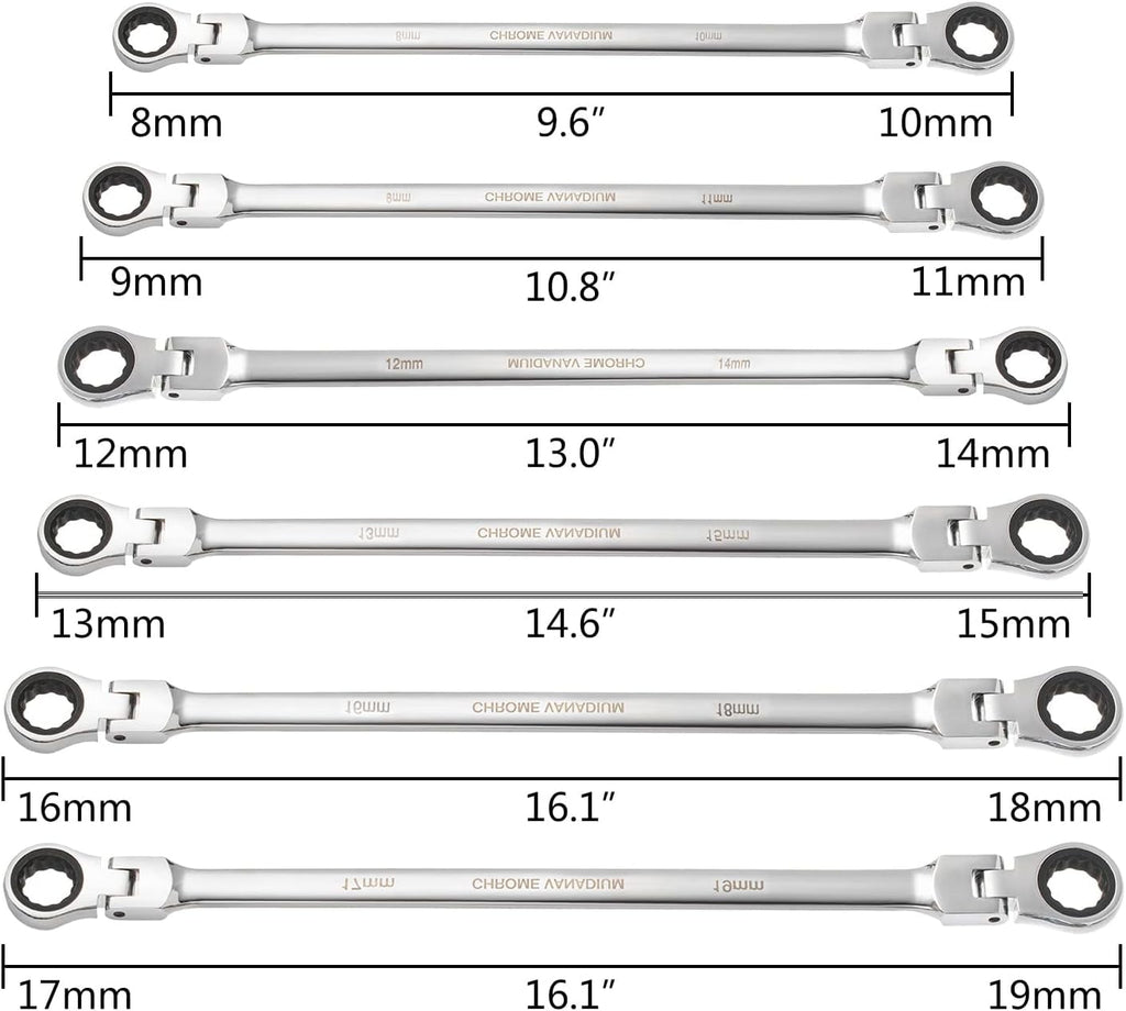 6Pcs Extra Long Flex Head Ratcheting Wrench Set Metric 8-19mm Double Box End Wrench Set Laser Etched Steel Wrenches - Image 4