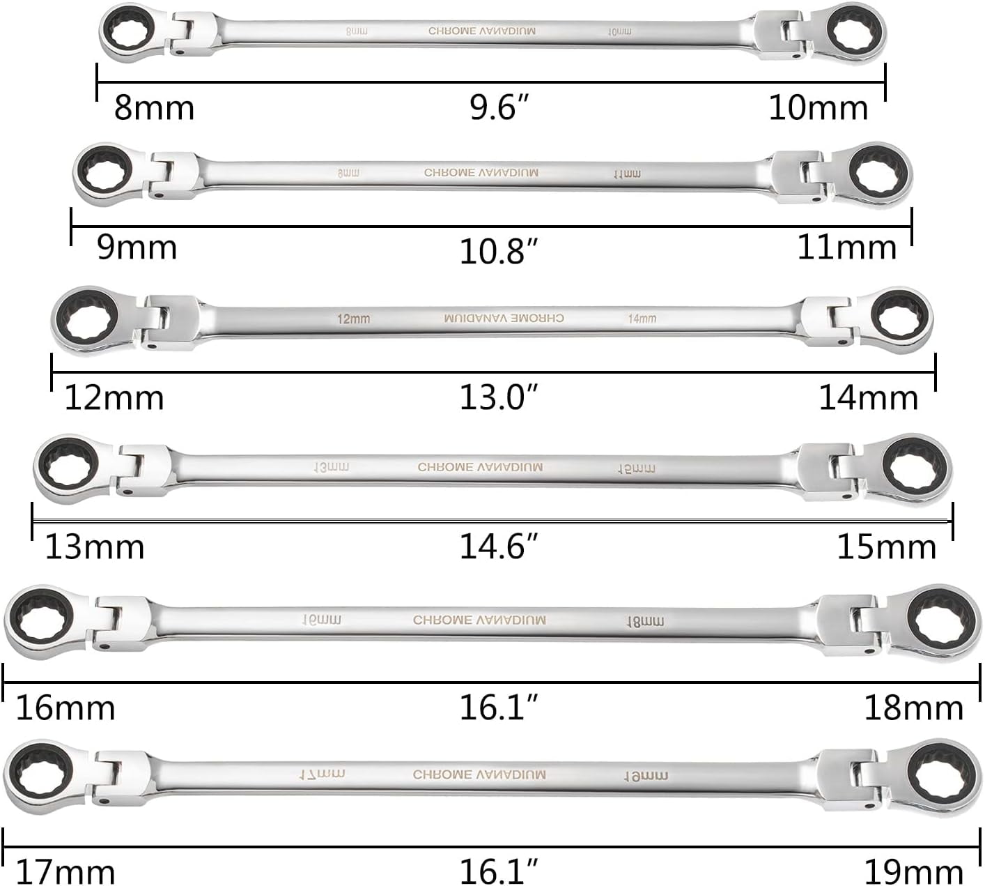 6Pcs Extra Long Flex Head Ratcheting Wrench Set Metric 8-19mm Double Box End Wrench Set Laser Etched Steel Wrenches - Image 4