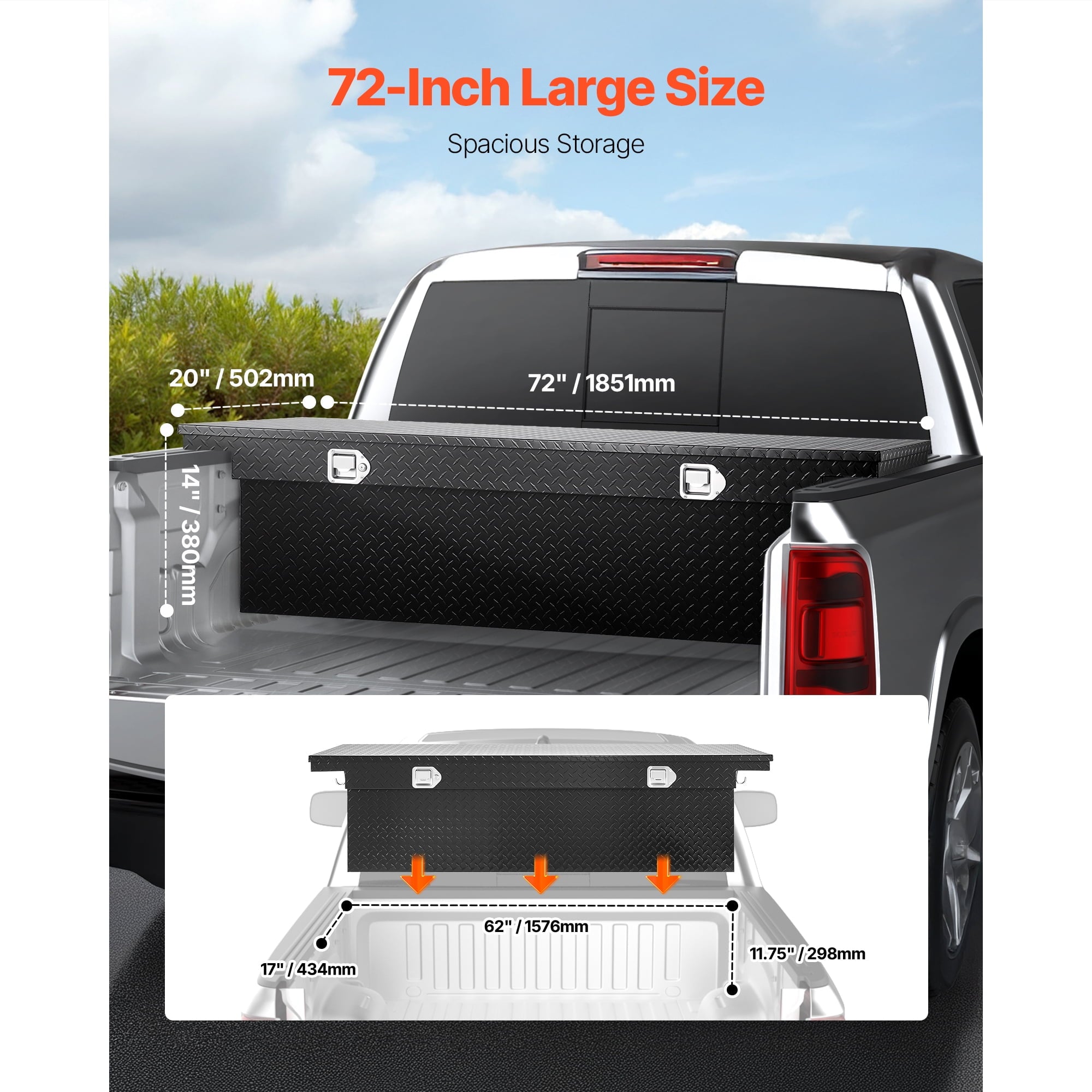 Aluminum Crossover Truck Tool Box, 72x20x14 In, Durable Storage Organizer with Diamond Pattern, Suitable for Pickup T... - Image 4