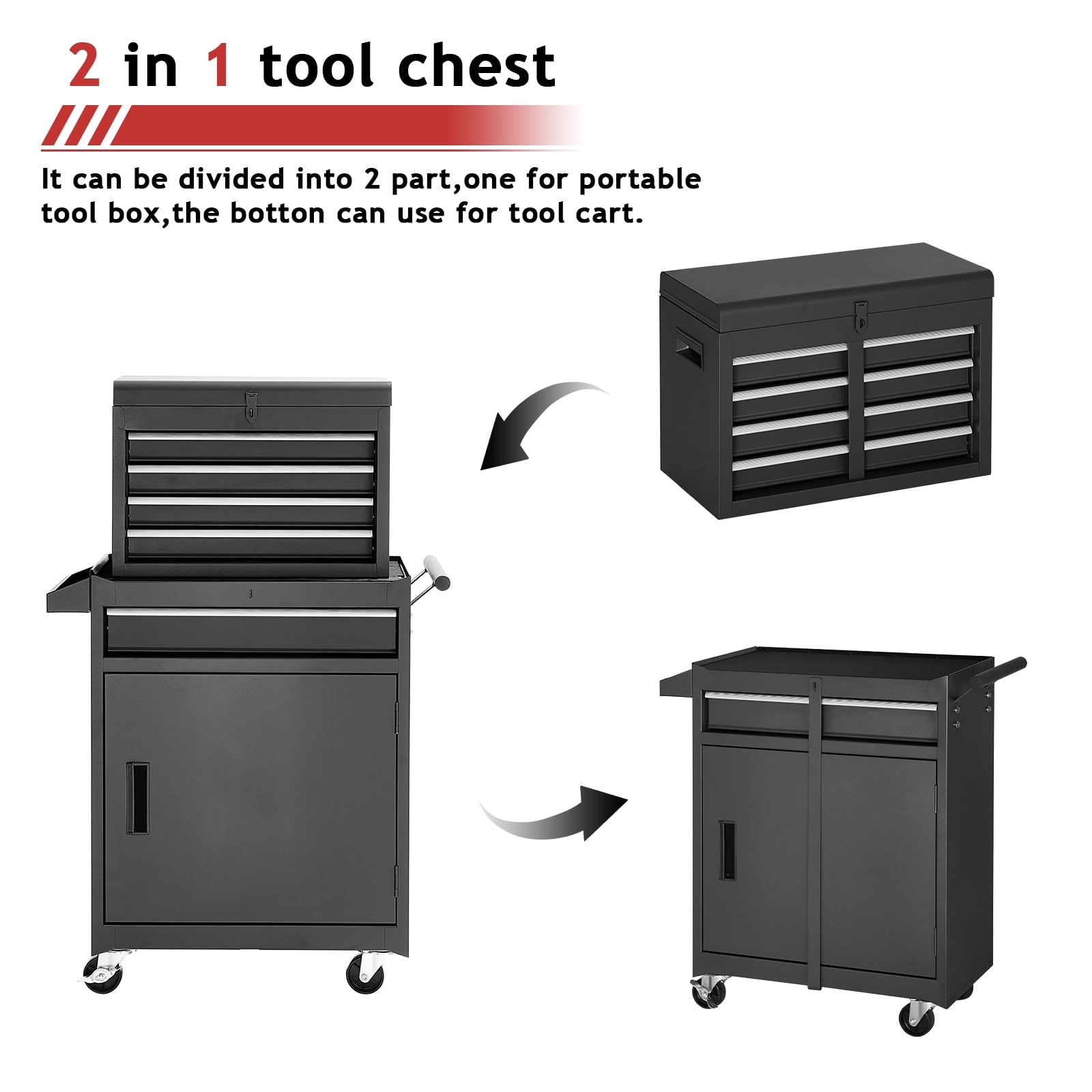 NETAJE Metal Tool Chest, 2 in 1 Steel Rolling Tool Box & Cabinet On Wheels for Garage, Detachable Top Tool Box and Lockable Wheels Metal Too - Image 4