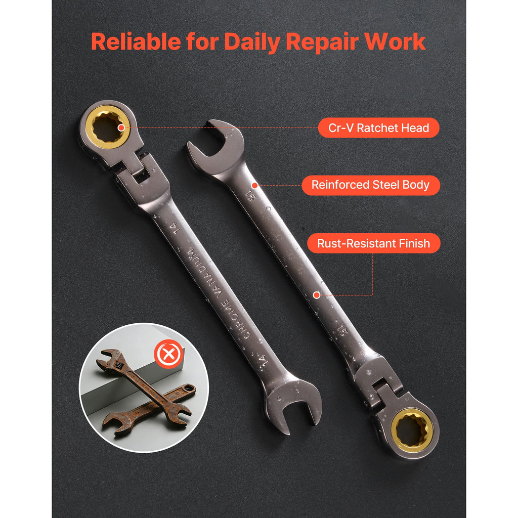 KFFKFF 12-Piece Metric Flex-Head Ratcheting Wrench Set, 8 mm to 19 mm, 72-Tooth Cr-V Steel Combination Wrenches with Roll-Up Pouch, Ideal fo - Image 5