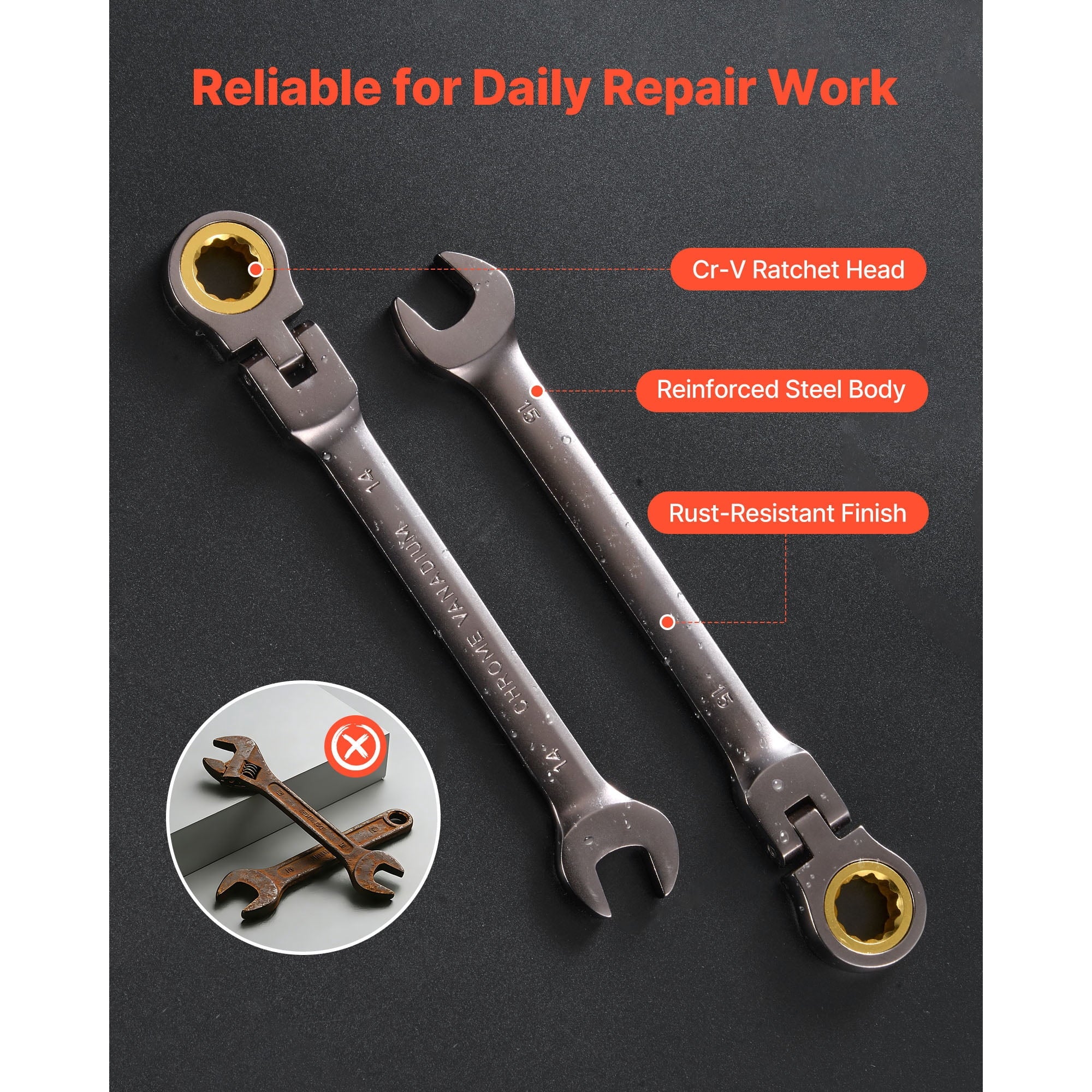 KFFKFF 12-Piece Metric Flex-Head Ratcheting Wrench Set, 8 mm to 19 mm, 72-Tooth Cr-V Steel Combination Wrenches with Roll-Up Pouch, Ideal fo - Image 5