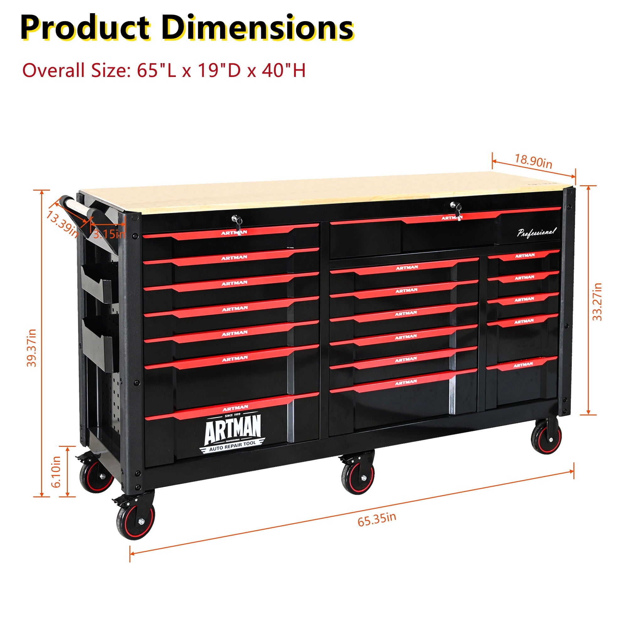 65" Oversized Tool Box, 19-Drawer Rolling Tool Chest with Desktop & Lockable for Garage - Image 2