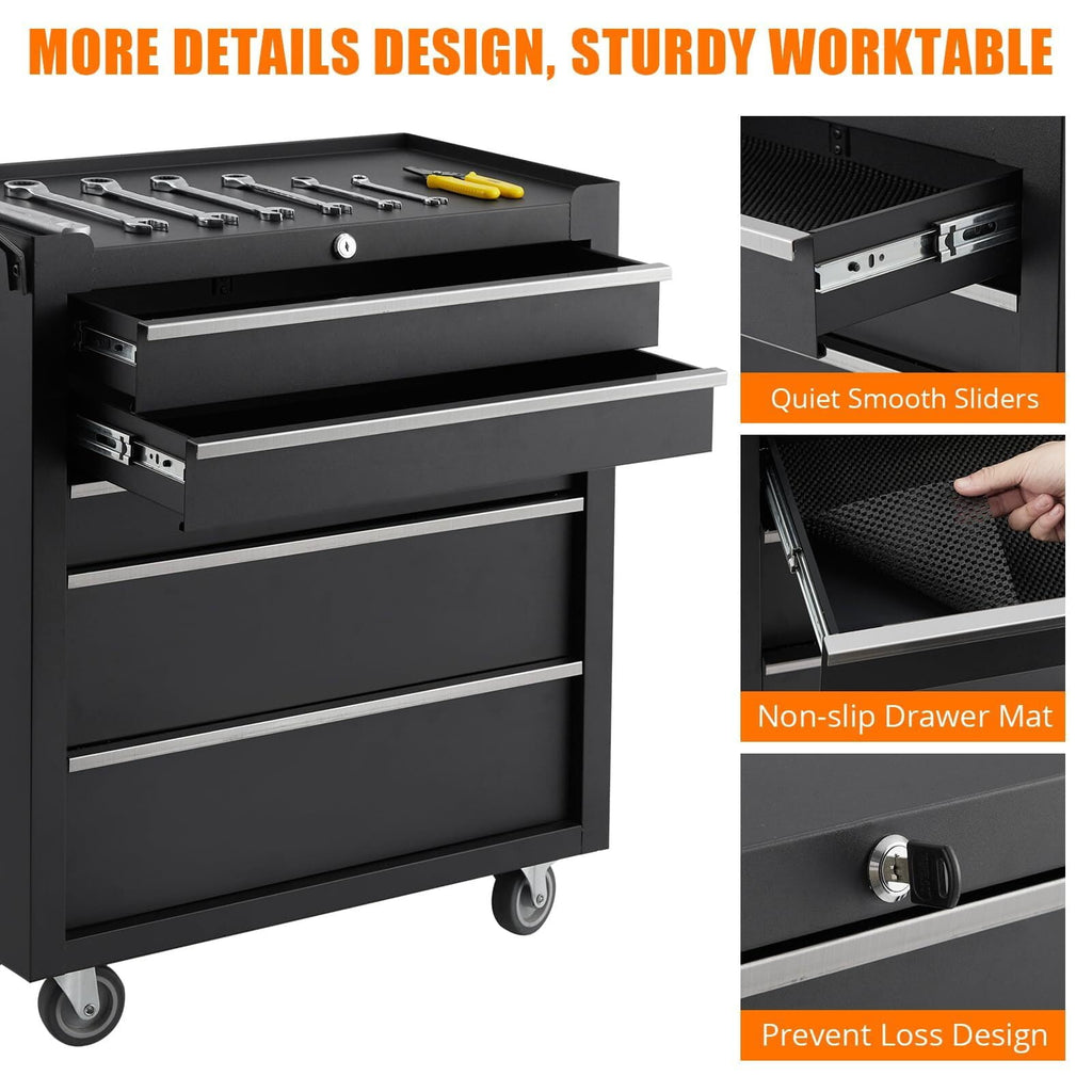 Metal Tool Box, Portable Tool Chest with Wheels and 5 Drawers for Garage, Workshop, Black - Image 5
