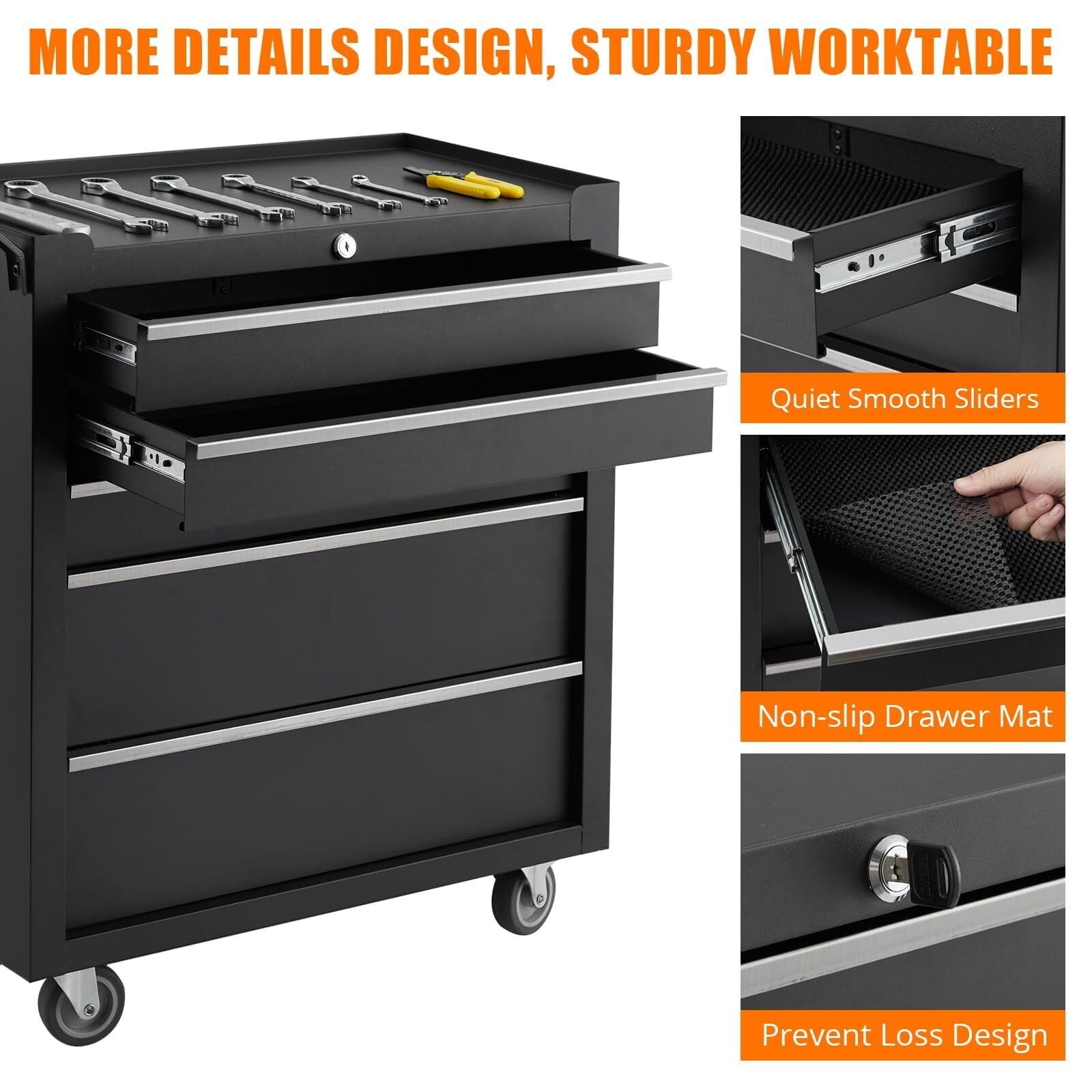Metal Tool Box, Portable Tool Chest with Wheels and 5 Drawers for Garage, Workshop, Black - Image 5