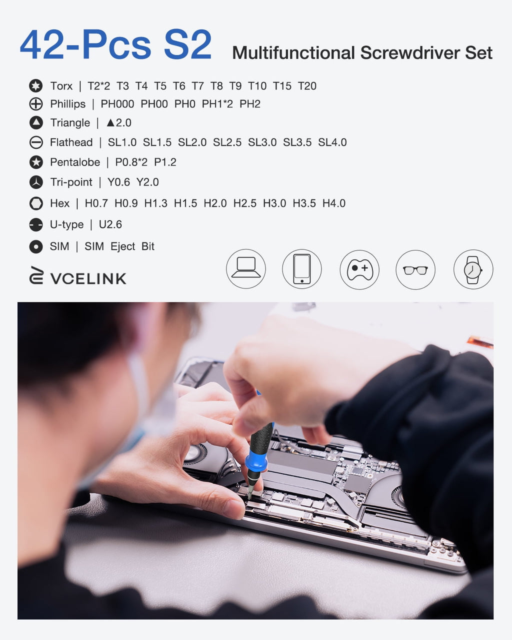 VCELINK Mini Screwdriver Set with 42 Bits, Tweezers, and 120mm Extension Rod - Image 3