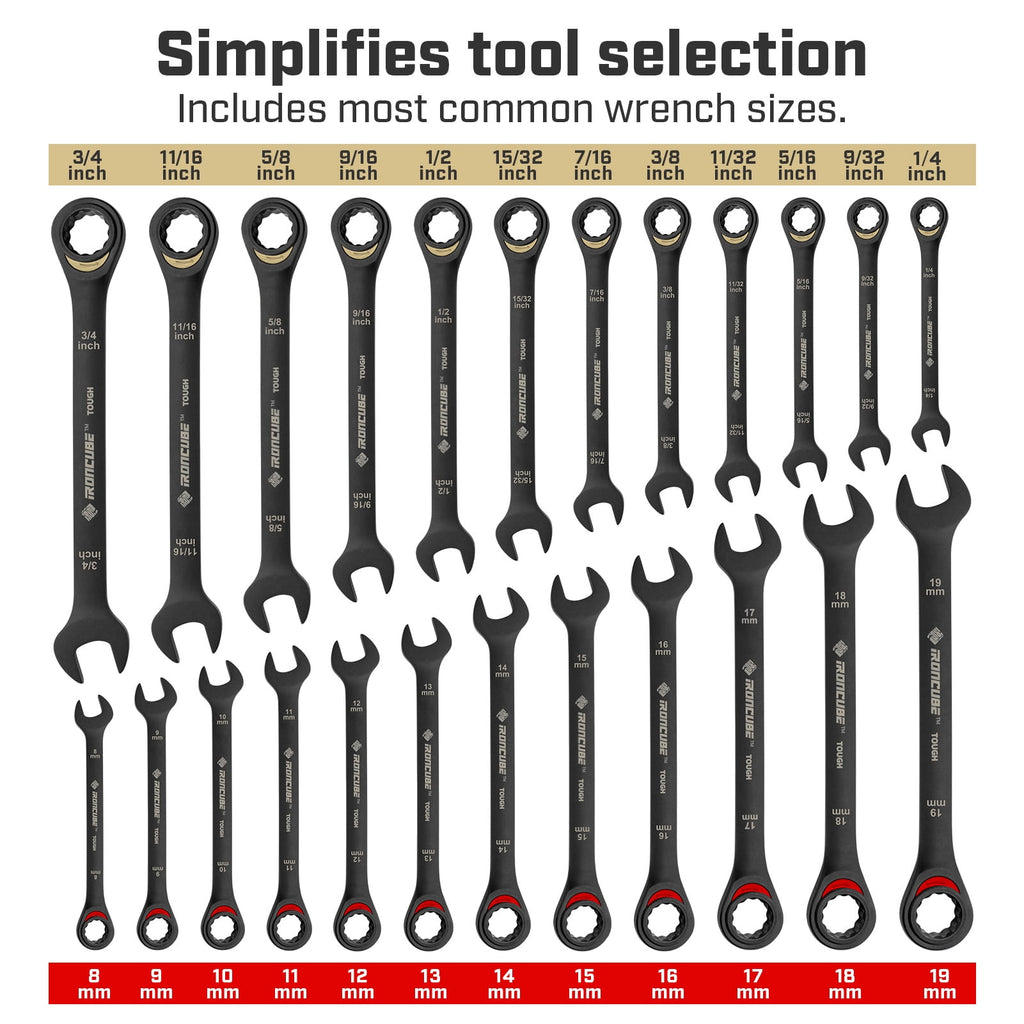 IRONCUBE 24-Piece Ratcheting Wrench Set: Metric & SAE - 8mm to 19mm & 1/4" to 3/4" - 72 tooth - Chrome Vanadium Steel - Tough Balck - with O - Image 2