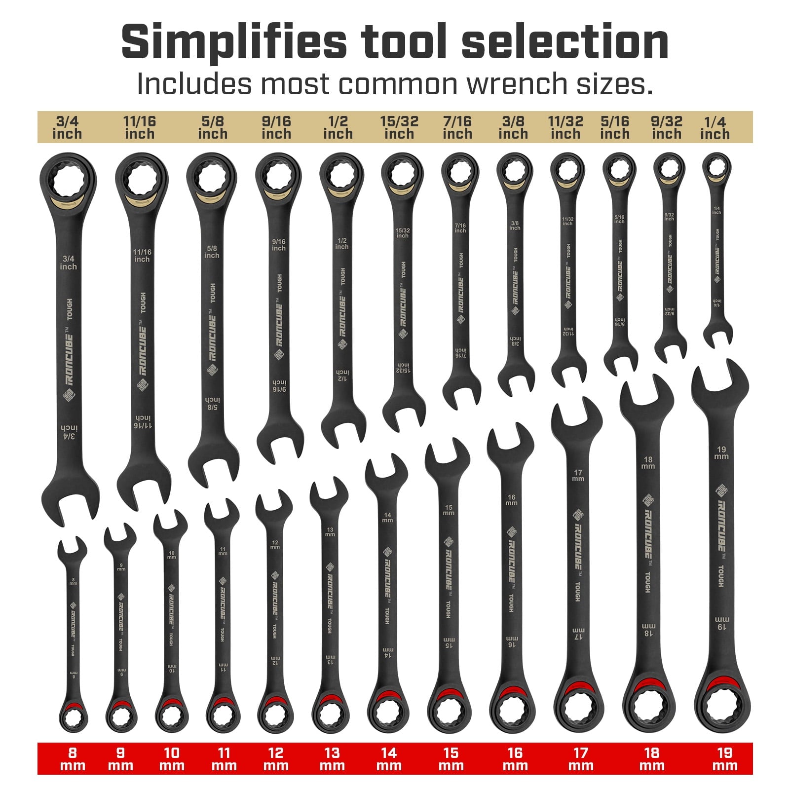 IRONCUBE 24-Piece Ratcheting Wrench Set: Metric & SAE - 8mm to 19mm & 1/4" to 3/4" - 72 tooth - Chrome Vanadium Steel - Tough Balck - with O - Image 2