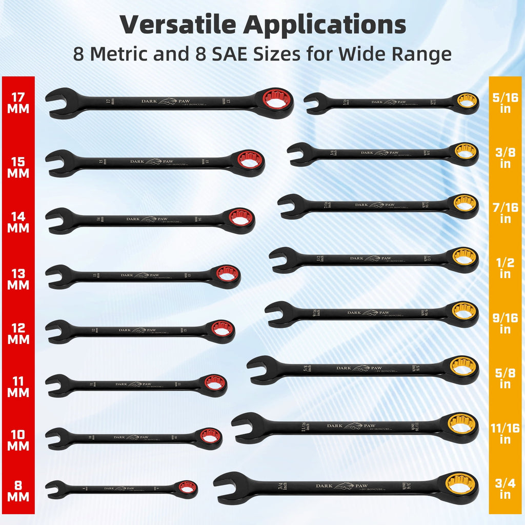 IRONCUBE 16-Piece Metric & SAE Ratcheting Wrench Set - Black Chrome Vanadium - Including Water-Resistant Wax Canva Bag - for Automotive Repa - Image 2