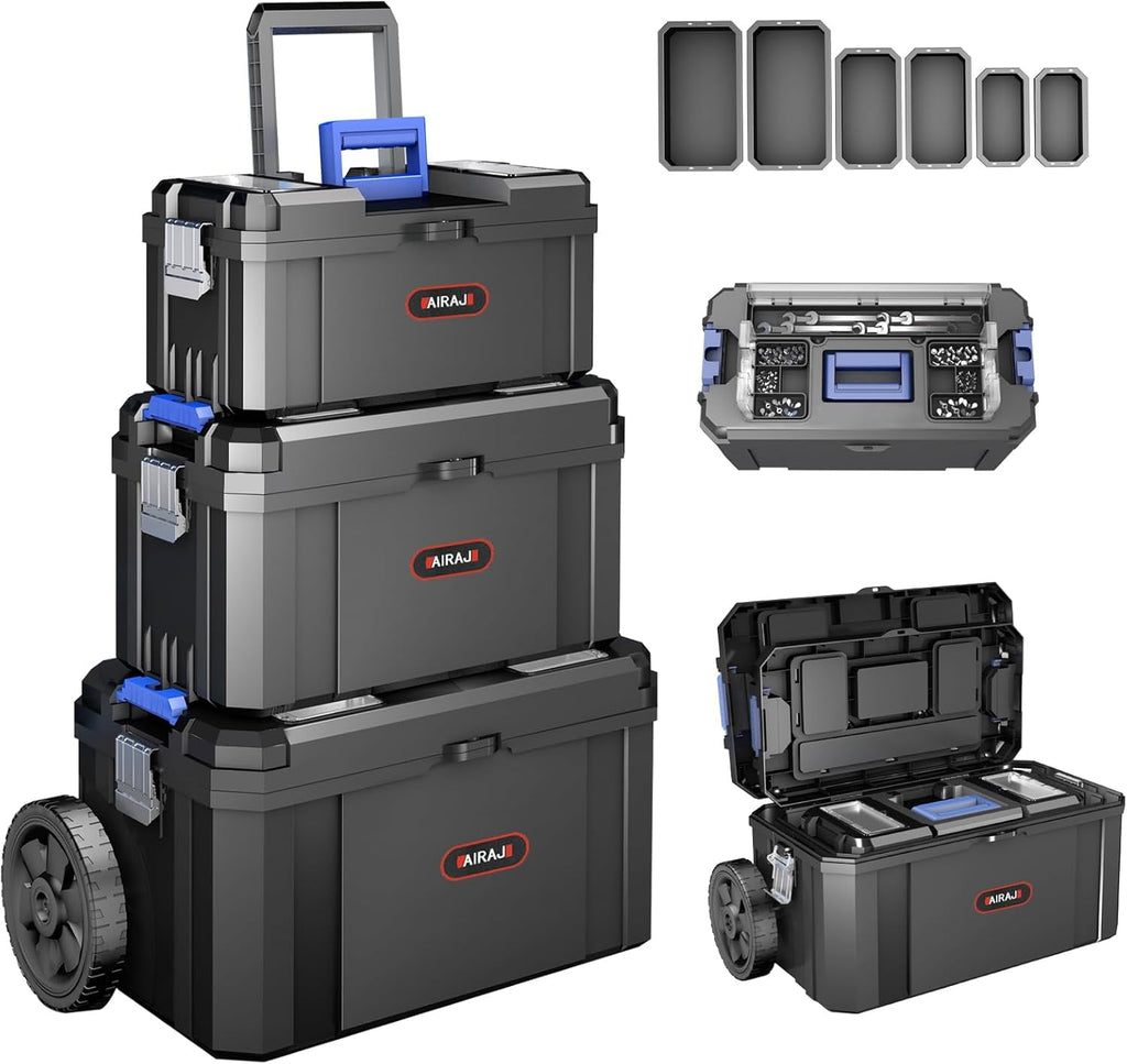 3 IN 1 Rolling Tool Box With Wheels,Stackable Modular Tool Storage Organizer & Removable Small Parts Trays for Garage Workshop Home Storage