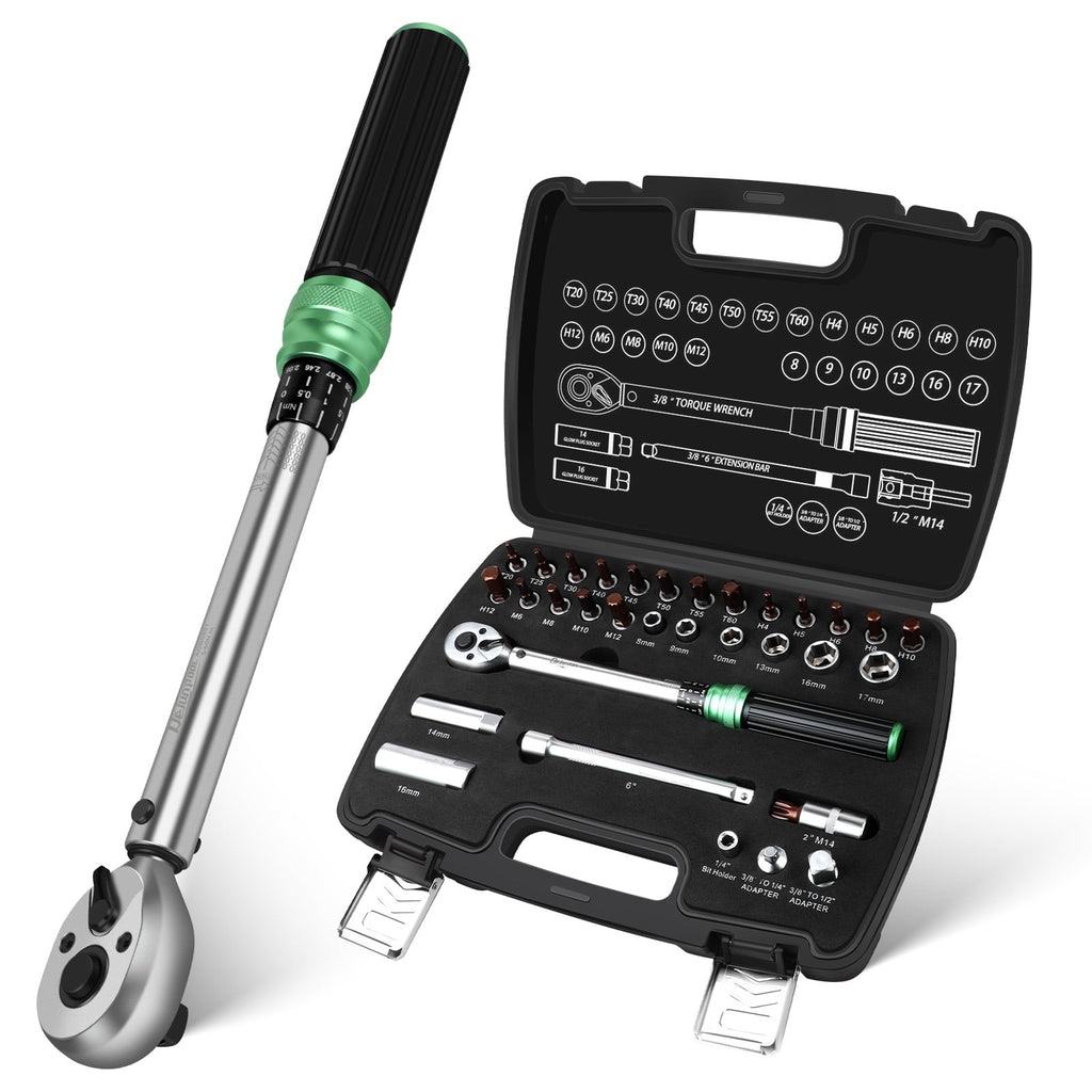 3/8" Torque Wrench Set, 5-60 N.m, Professional Torque Tool Kit with Extension Bar, Adapter, Bits & Portable Case for ...