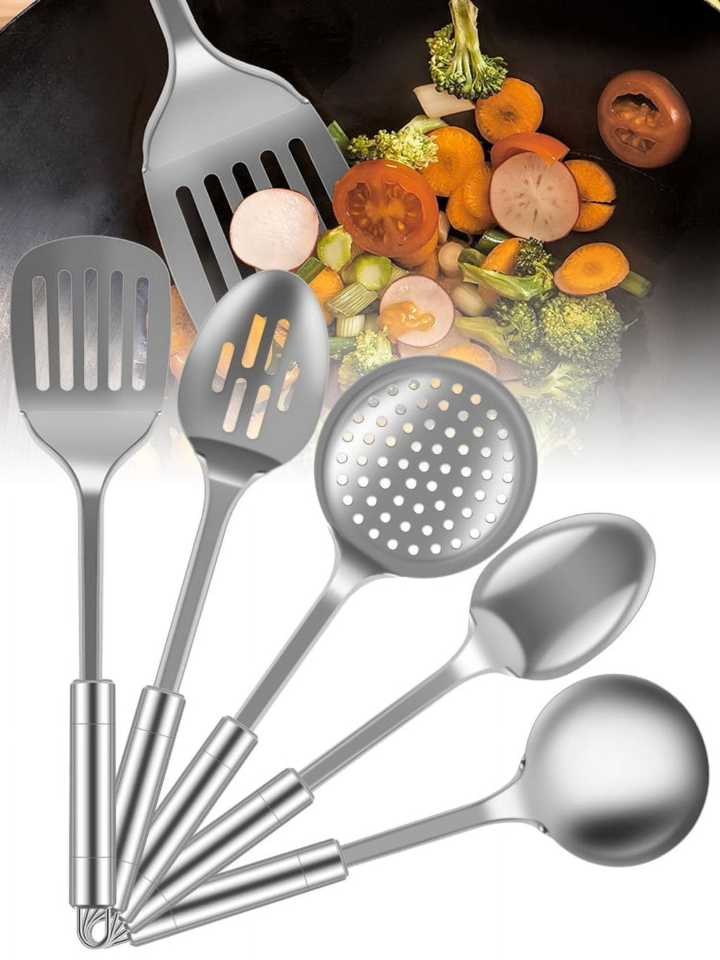 Qenwkxz 5pcs Kitchen Tools and gadgets Cooking Utensils Set Stainless Steel Spoons Spatula Set with Heavy-Duty Washable Utensils with Handle Hole Kitchen Gadgets Tools Set for Wome