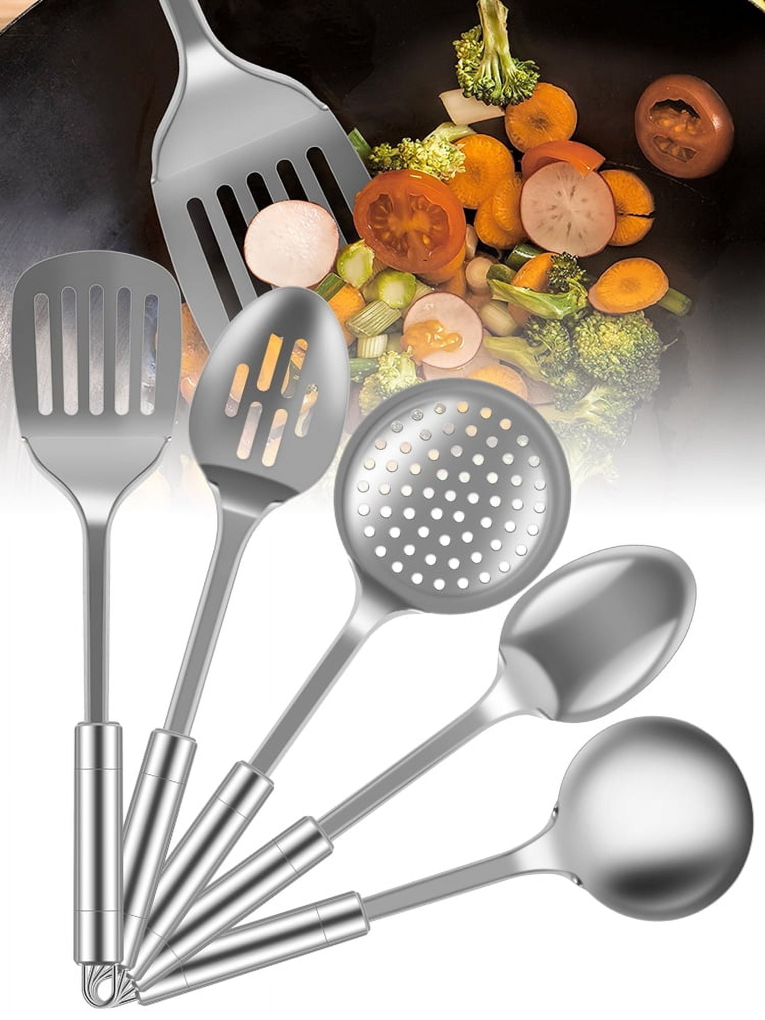 Qenwkxz 5pcs Kitchen Tools and gadgets Cooking Utensils Set Stainless Steel Spoons Spatula Set with Heavy-Duty Washable Utensils with Handle Hole Kitchen Gadgets Tools Set for Wome