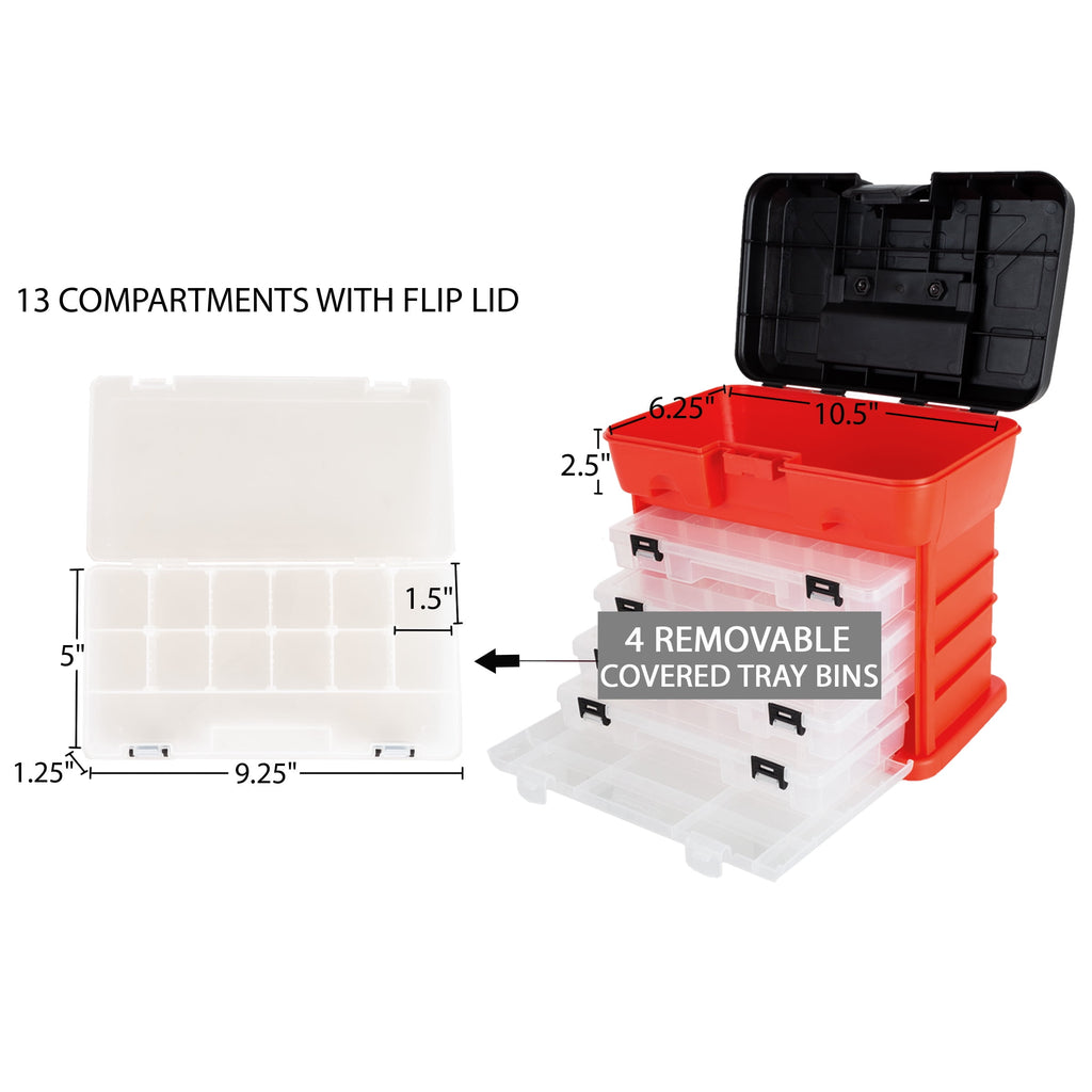 Portable Tool Storage Box - Small Parts Organizer with 4 Multi-Compartment Trays for Fishing Tackle, Hand Tools, or C... - Image 2