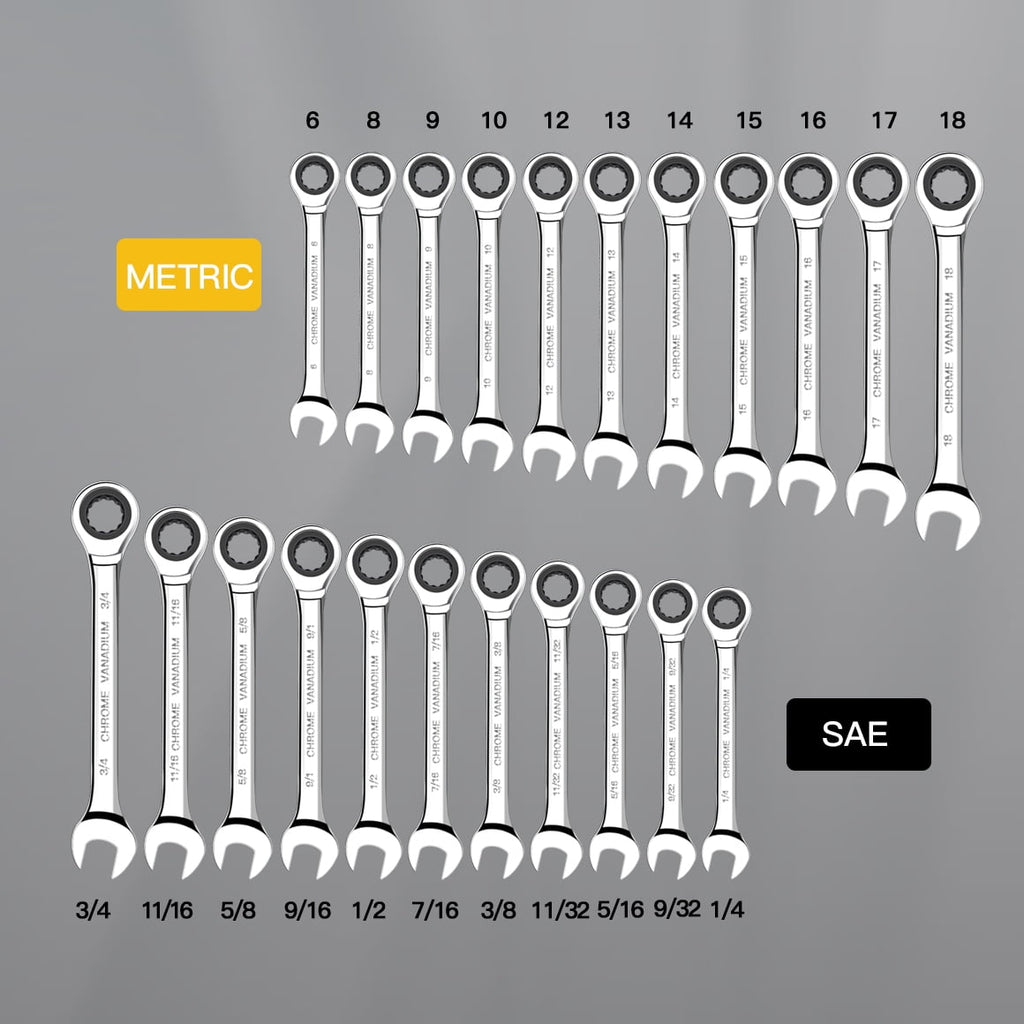 Ratcheting Wrench Set, 22-Piece Combination Wrench Set, SAE 1/4" to 3/4" & Metric 6-18mm, 72 Teeth - Image 4