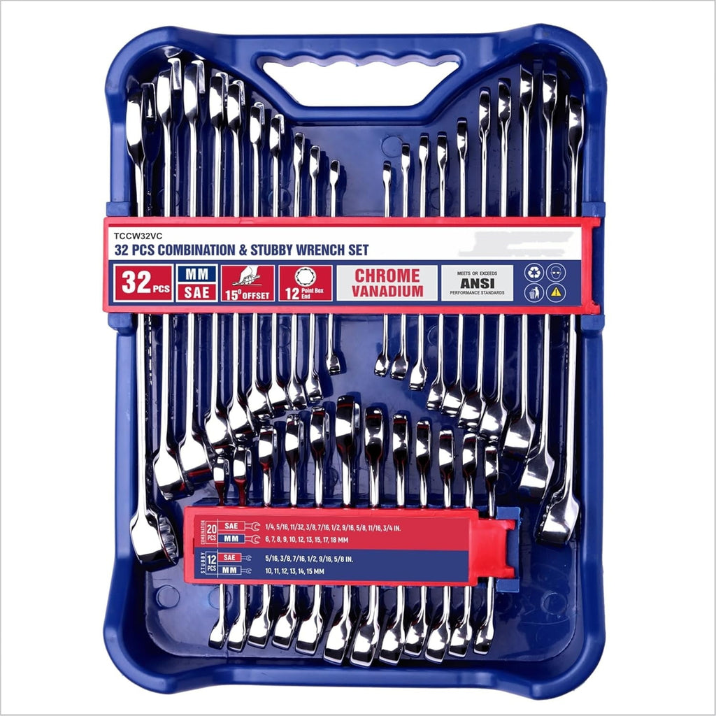 32 Piece Wrench Set SAE & Metric 20 Standard & 12 Stubby Combination Wrenches