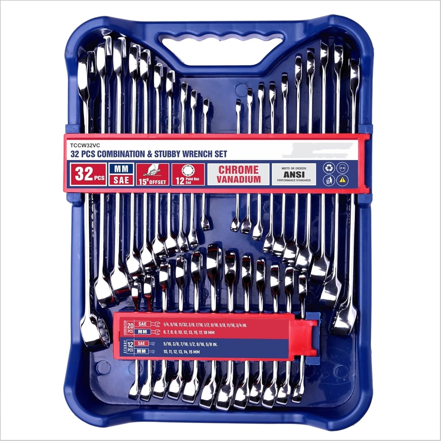 32 Piece Wrench Set SAE & Metric 20 Standard & 12 Stubby Combination Wrenches