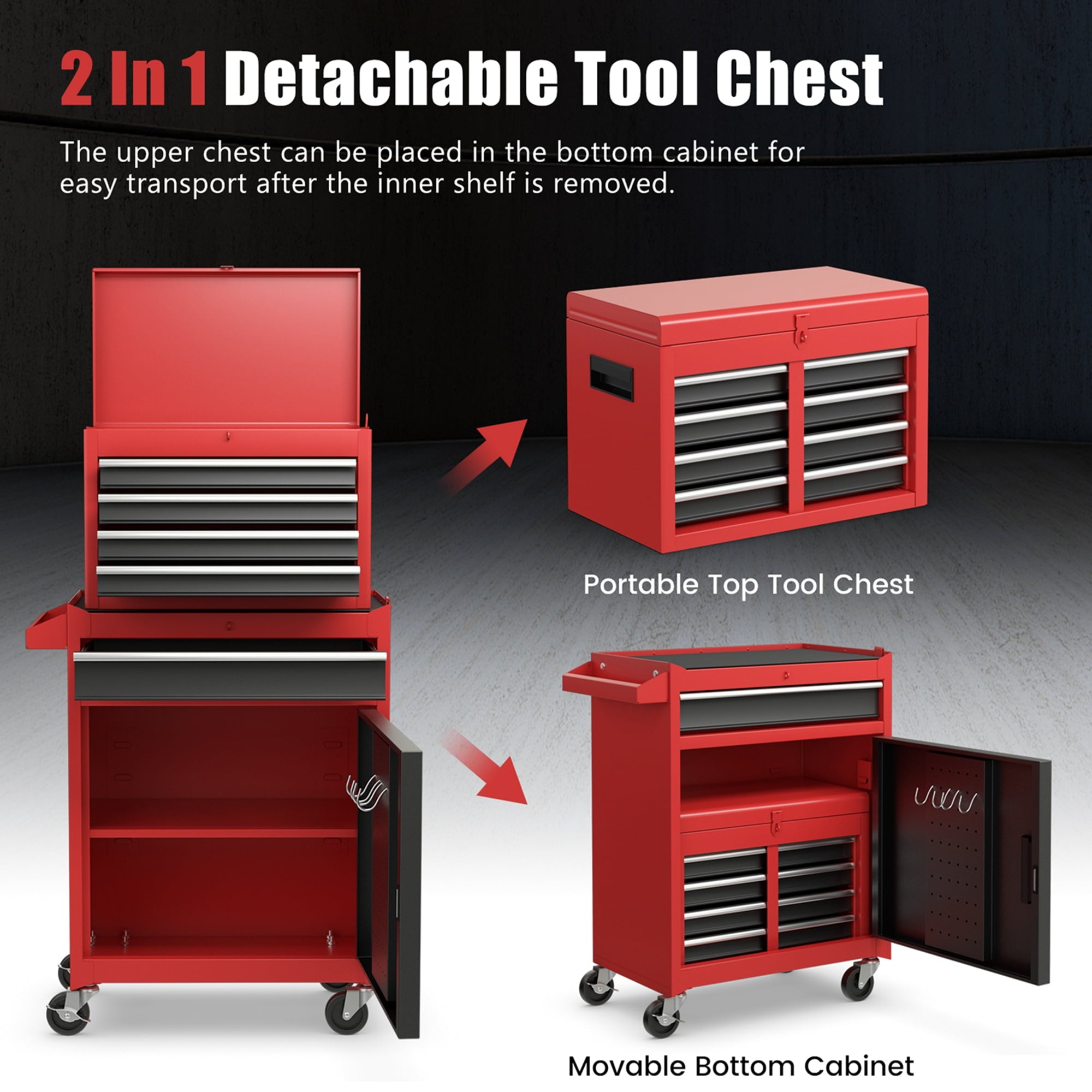 Costway 2 in 1 Tool Chest & Cabinet with 5 Sliding Drawers Rolling Garage Box Organizer - Image 6