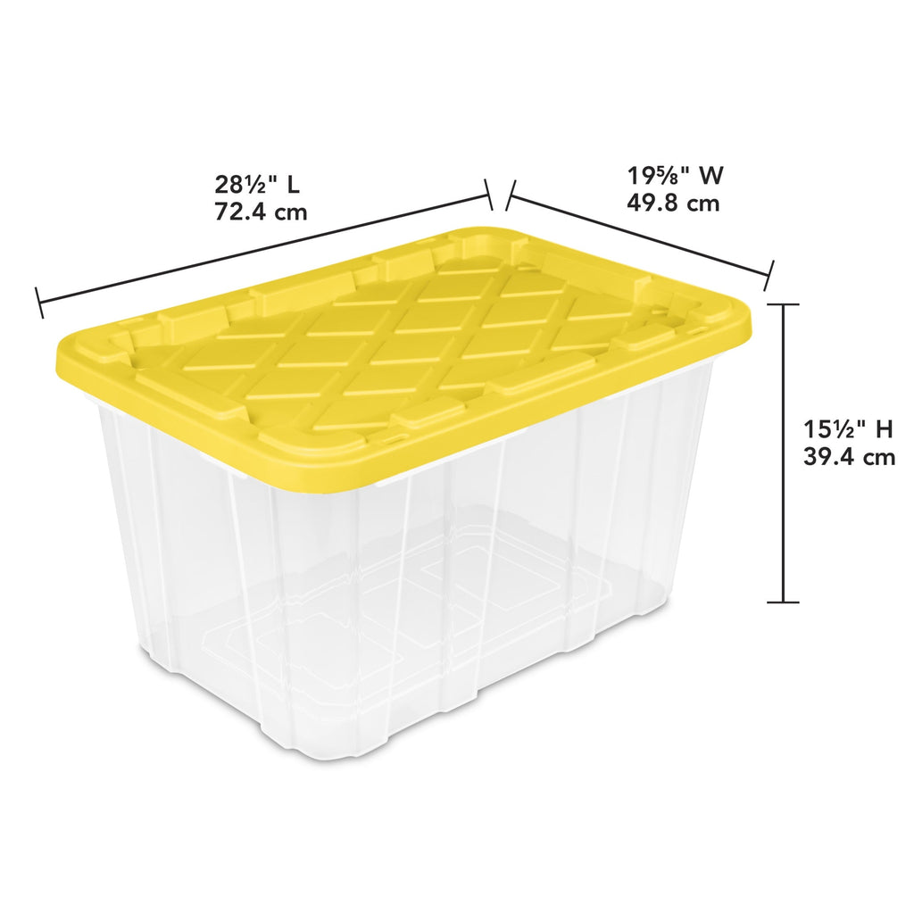 Large Storage Bin, 27 Gallon Plastic Storage Tote with Snap-On Lid, Black and Yellow, 6 Pack
