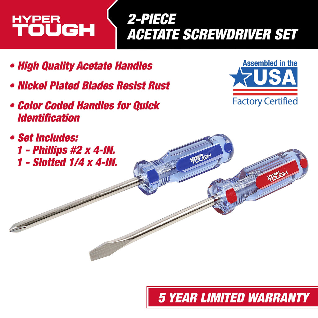 Hyper Tough 2-Piece Acetate Handle Screwdriver Set, Includes 1 Phillips & 1 Flat Head Driver - Image 2
