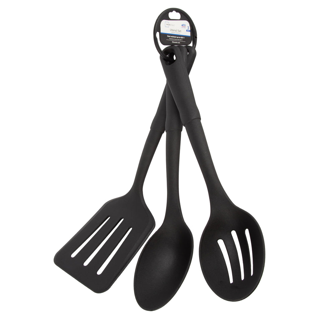 (4 pack) 3-Piece Kitchen Utensil Set, Slotted Spatula, Slotted Spoon and Solid Spoon, Black, Nylon