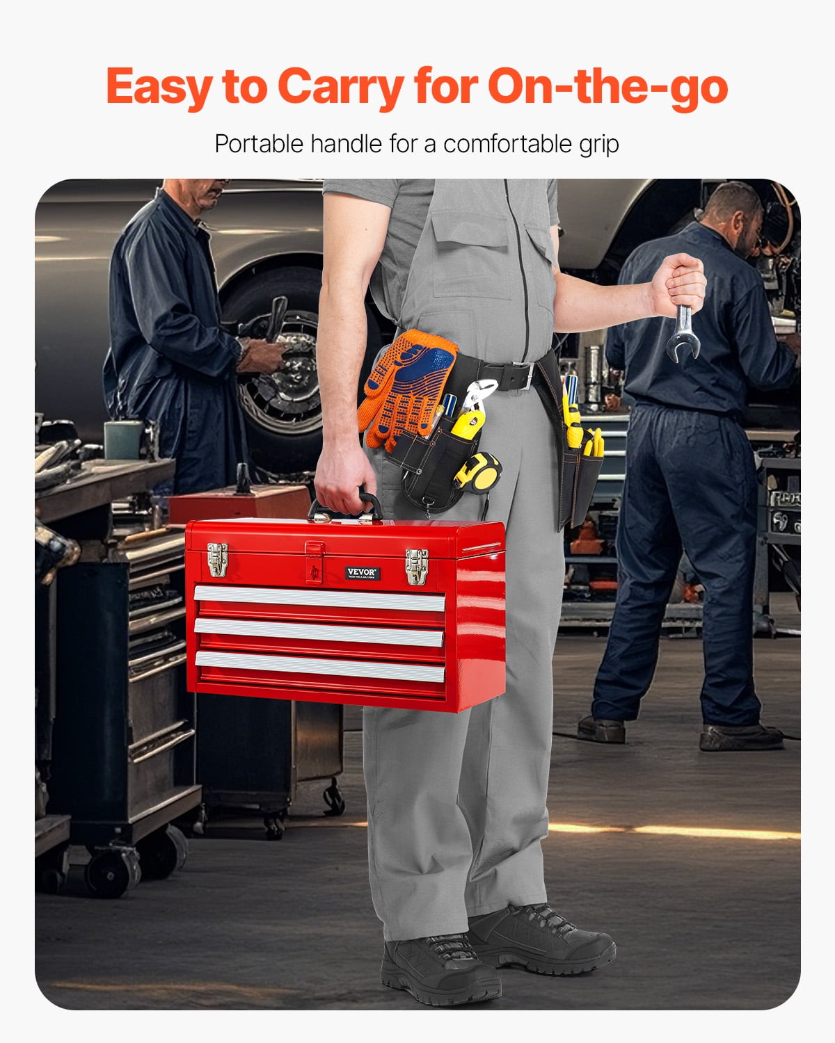Metal Tool Box, 20.5-inch, Portable Metal Tool Box with 3 Drawers, Small Tool Chest with EVA Liners,Ball Bearing Slid... - Image 5
