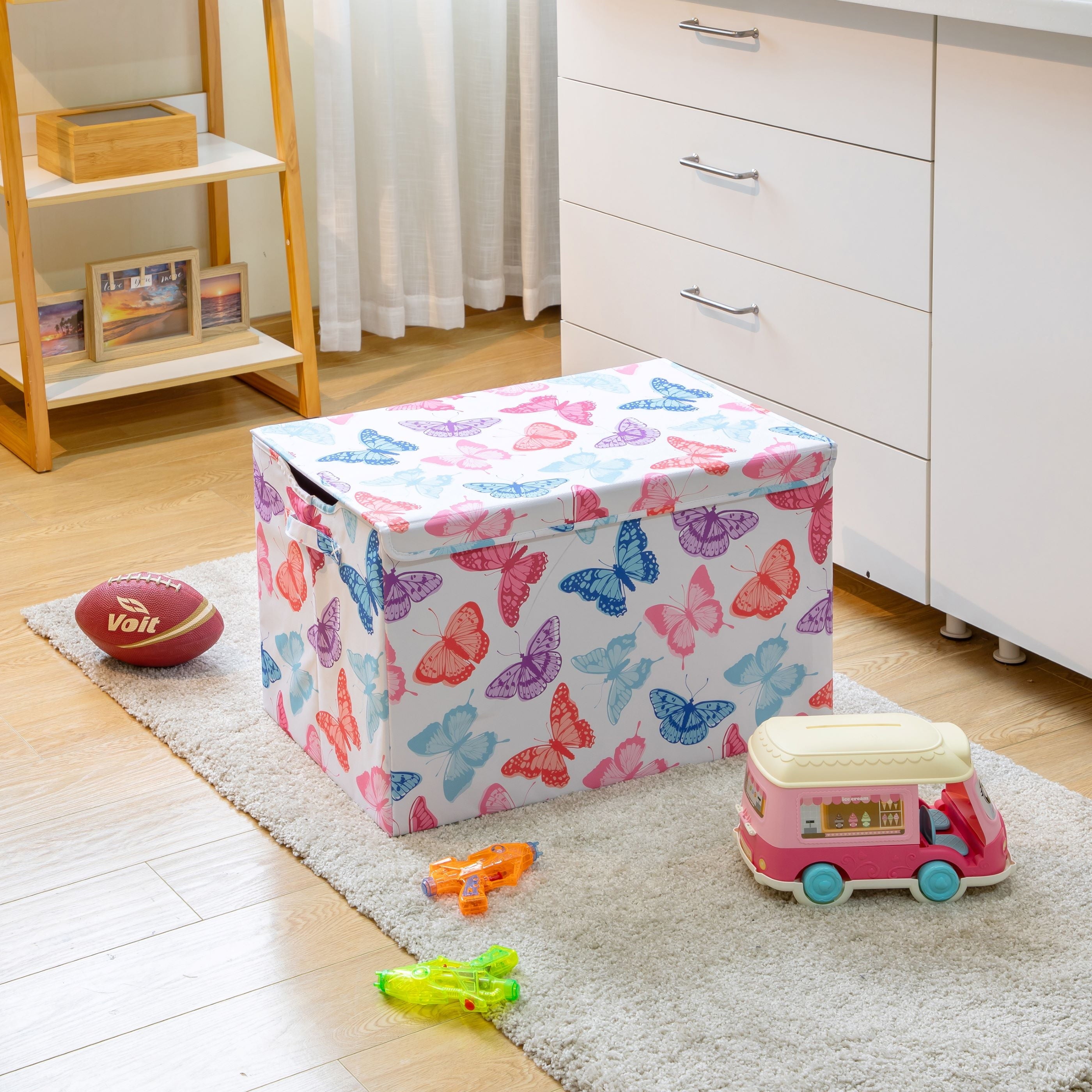 Kids Butterfly Pattern Collapsible Toy Storage Trunk, 24 in x 14.8 in x 15 in